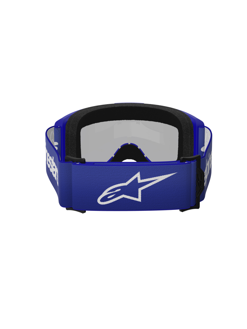 Masque Alpinestars Vision 3 Wordmark, lunettes de motocross, Bleu Miroir Silver, vue arrière montrant la sangle tissée bleue avec le logo Alpinestars blanc et la mousse faciale noire à double couche
