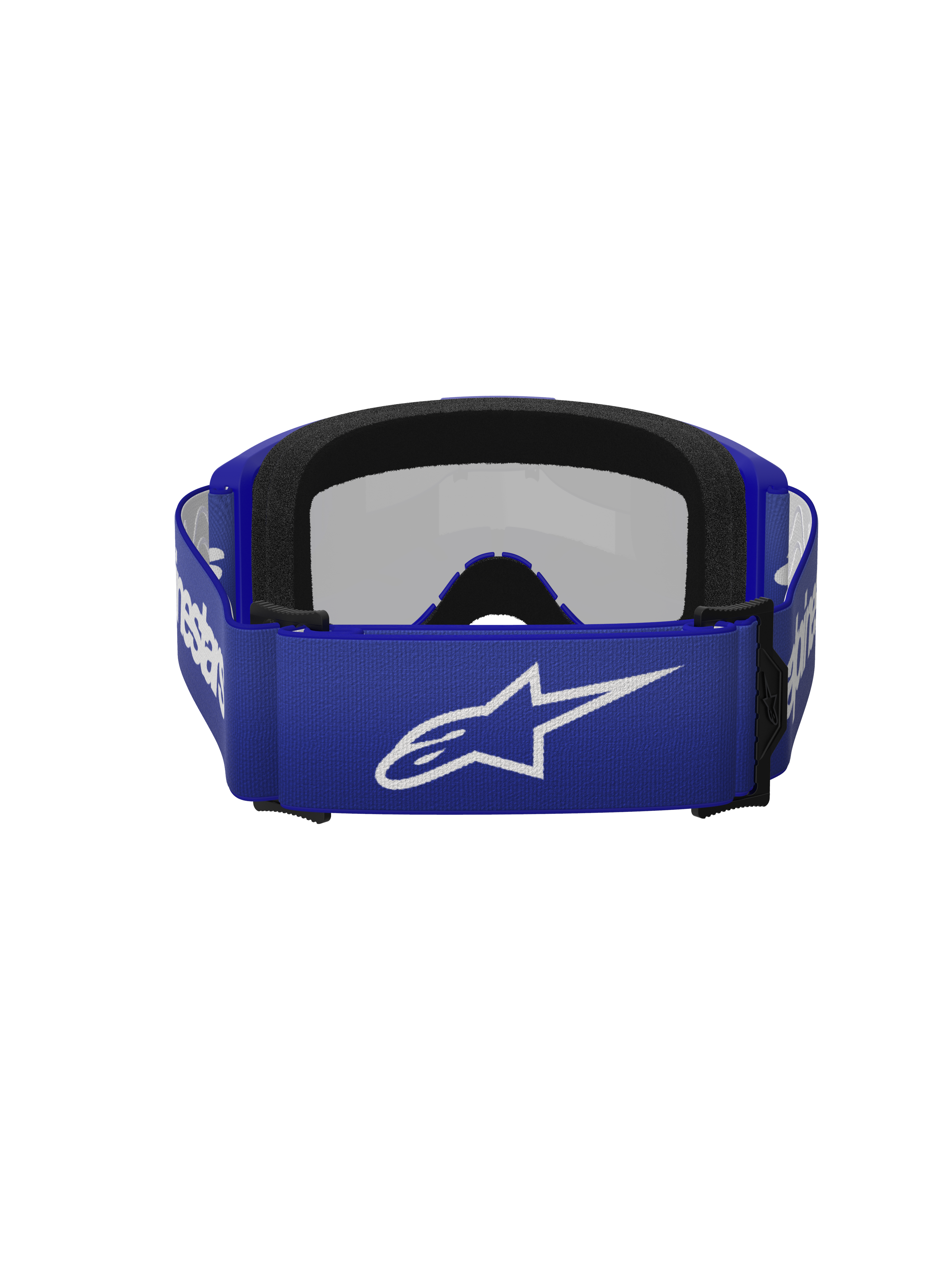 Masque Alpinestars Vision 3 Wordmark, lunettes de motocross, Bleu Miroir Silver, vue arrière montrant la sangle tissée bleue avec le logo Alpinestars blanc et la mousse faciale noire à double couche