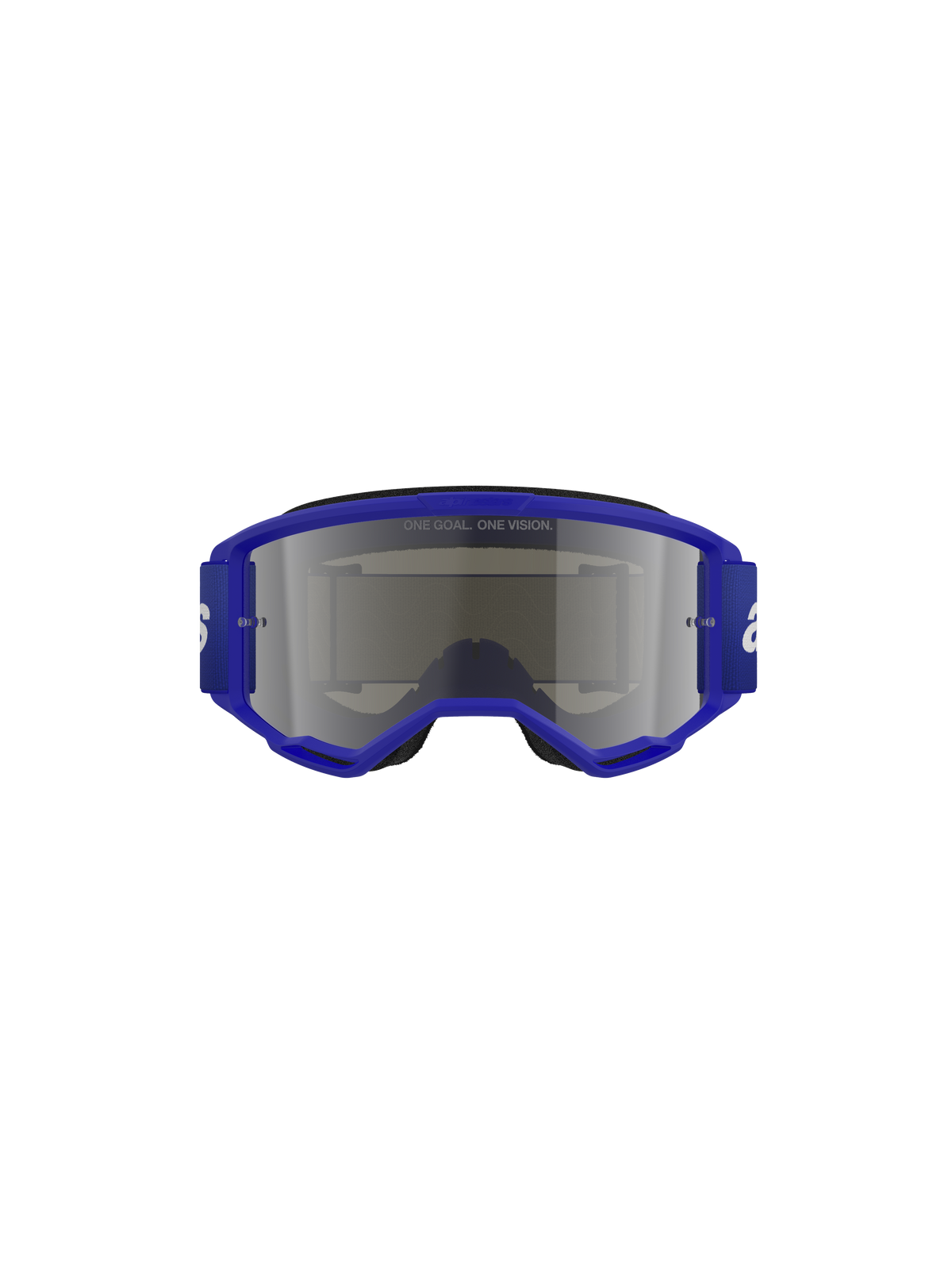 Alpinestars Vision 3 Wordmark Goggles, masque de motocross, bleu et argent miroir, doté d'une monture bleu vif et d'un large bandeau avec logo blanc, écran miroir argenté avec le texte « ONE GOAL. ONE VISION. », protection oculaire professionnelle pour le tout-terrain.