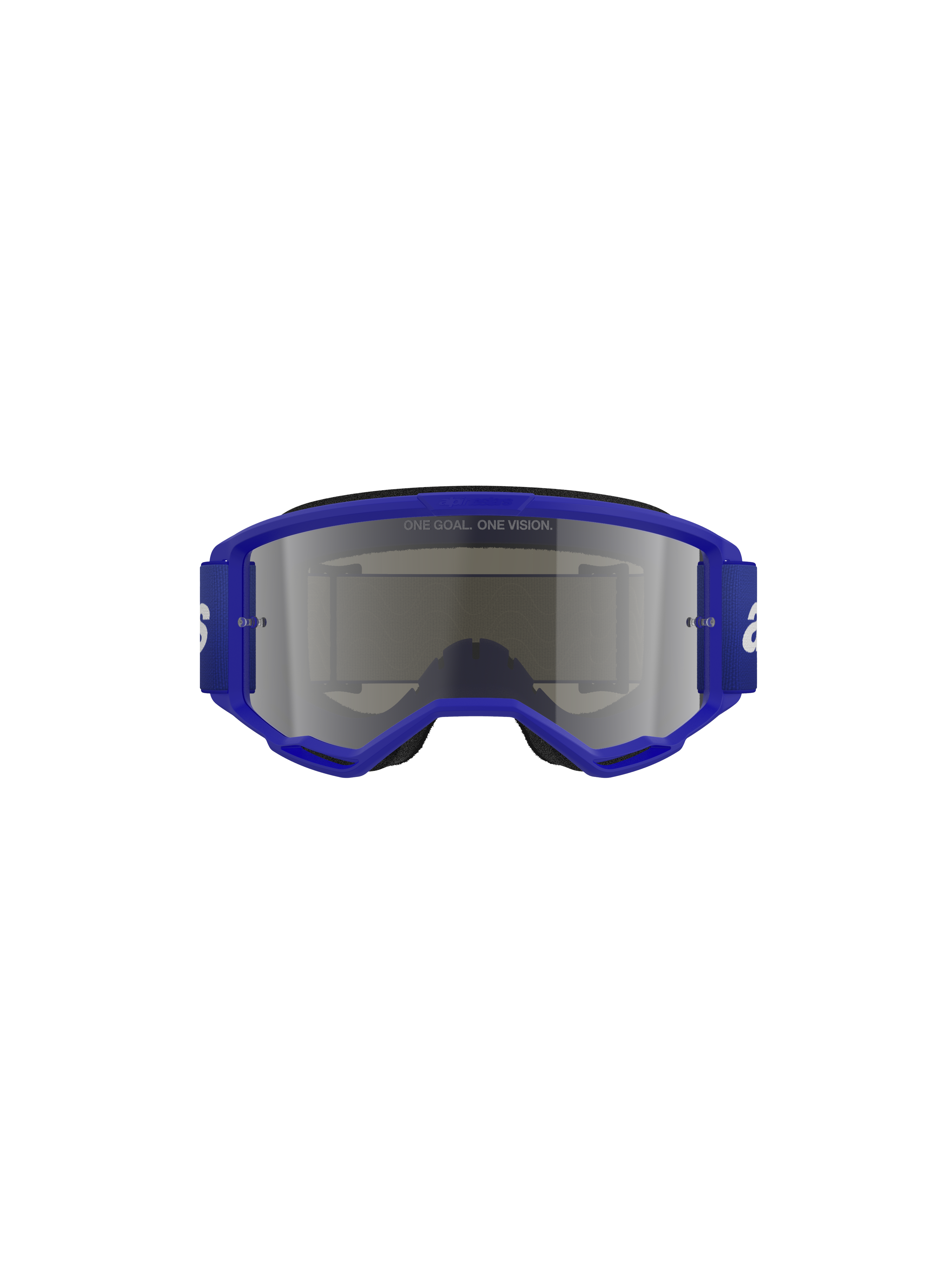 Alpinestars Vision 3 Wordmark Goggles, masque de motocross, bleu et argent miroir, doté d'une monture bleu vif et d'un large bandeau avec logo blanc, écran miroir argenté avec le texte « ONE GOAL. ONE VISION. », protection oculaire professionnelle pour le tout-terrain.