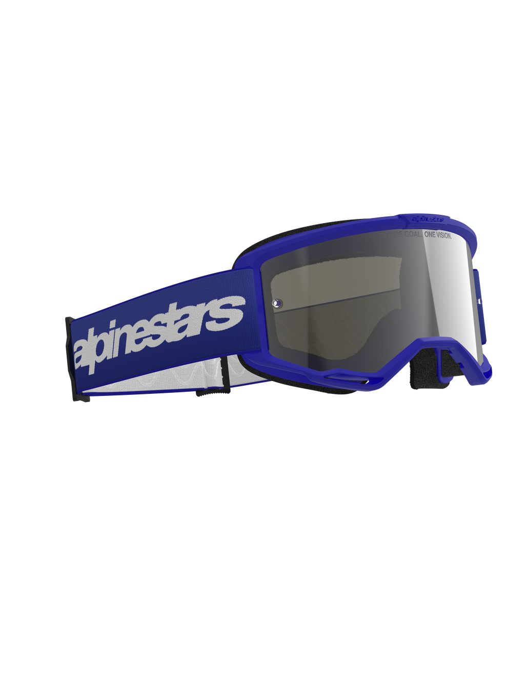 Lunettes Alpinestars Vision 3 Wordmark, lunettes de motocross, bleu avec écran miroir argenté, monture bleue et large bandeau bleu avec logo lettrage blanc, conception durable pour la course tout-terrain