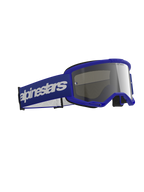 Lunettes Alpinestars Vision 3 Wordmark, lunettes de motocross, bleu avec écran miroir argenté, monture bleue et large bandeau bleu avec logo lettrage blanc, conception durable pour la course tout-terrain