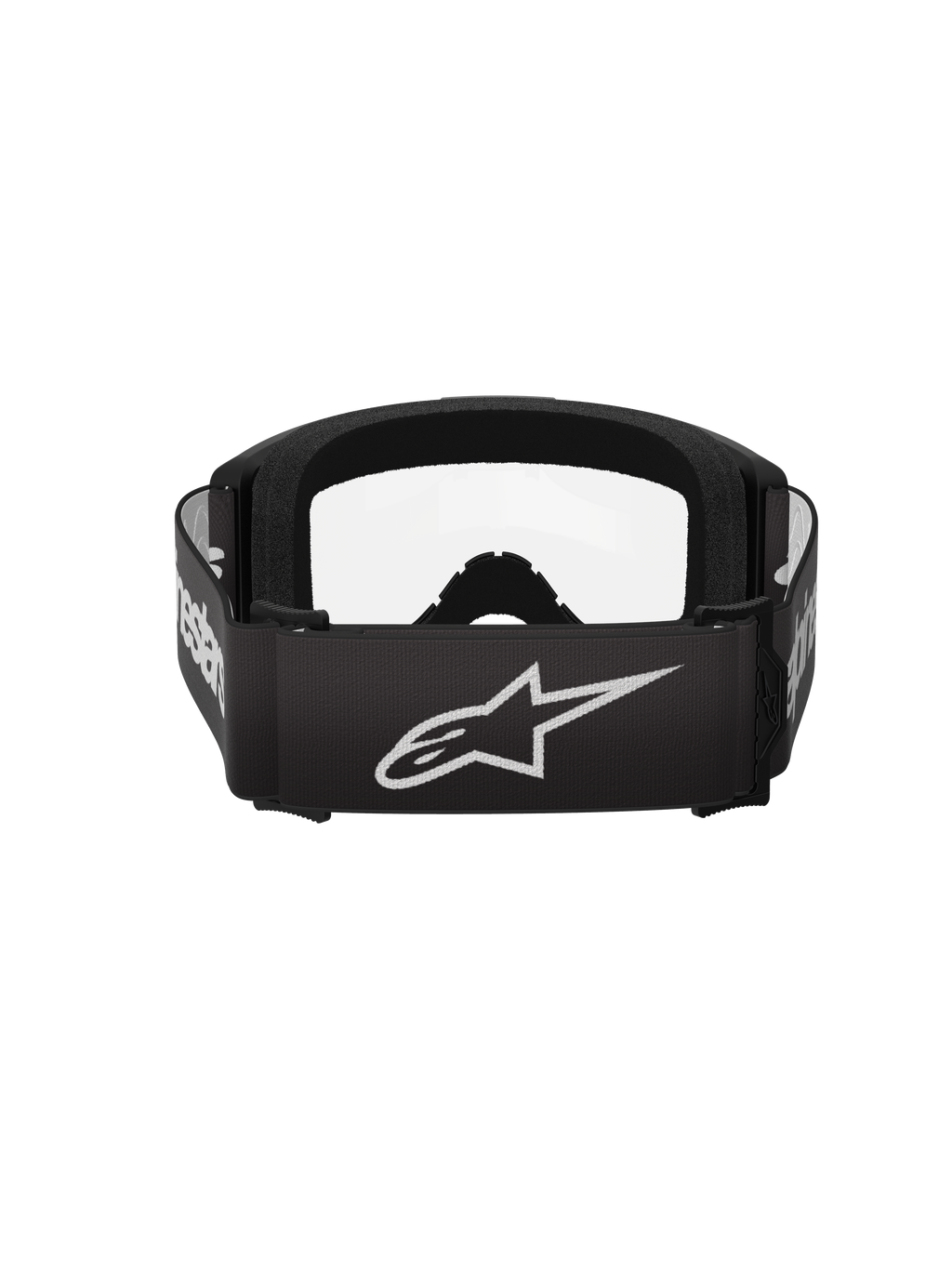 Masque Alpinestars Vision 3 Wordmark, masque de motocross, noir et transparent, vue arrière avec large sangle noire, logo étoile et lettrage Alpinestars blancs, mousse faciale noire épaisse et écran transparent.