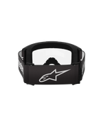Masque Alpinestars Vision 3 Wordmark, masque de motocross, noir et transparent, vue arrière avec large sangle noire, logo étoile et lettrage Alpinestars blancs, mousse faciale noire épaisse et écran transparent.
