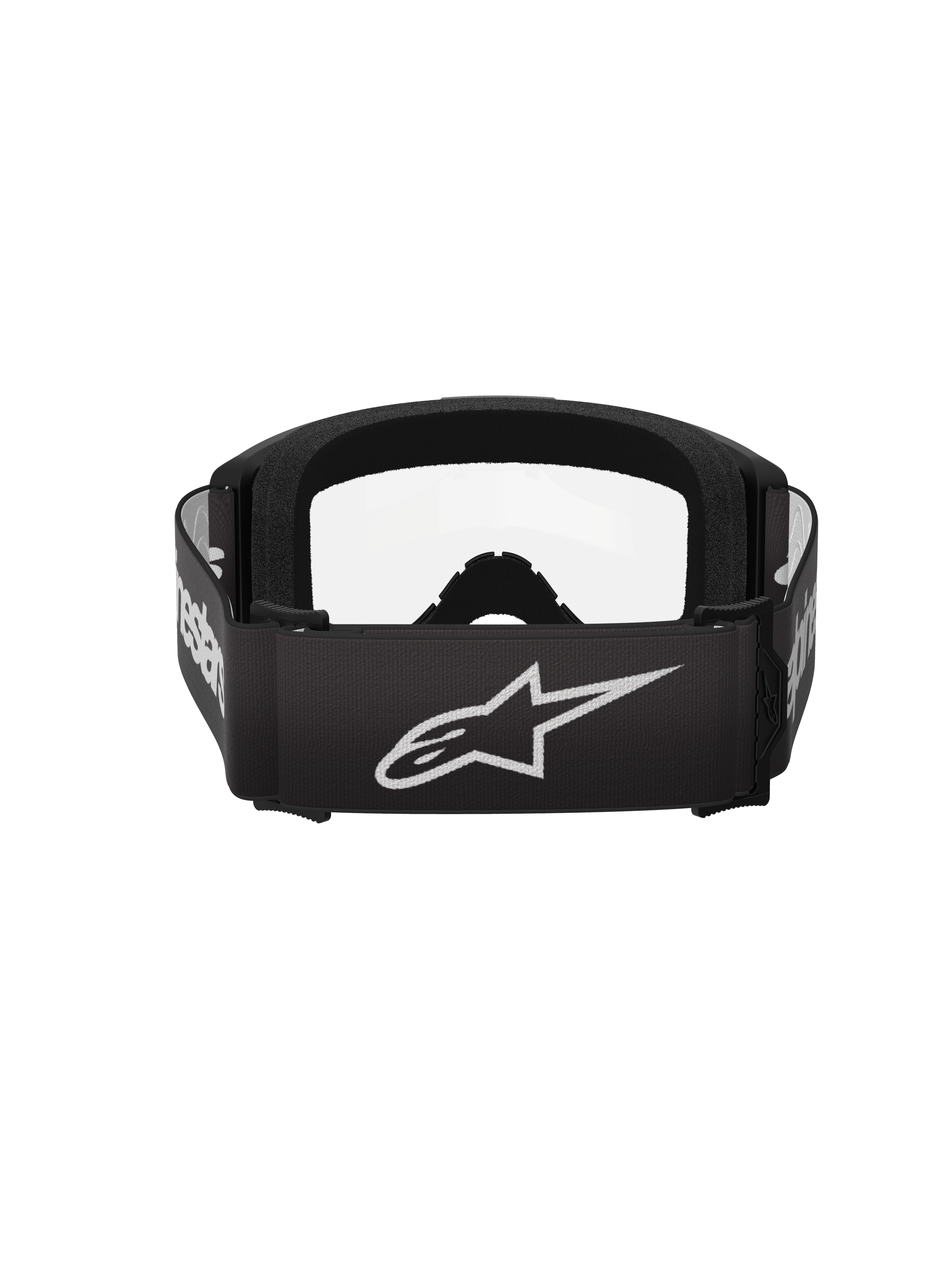 Masque Alpinestars Vision 3 Wordmark, masque de motocross, noir et transparent, vue arrière avec large sangle noire, logo étoile et lettrage Alpinestars blancs, mousse faciale noire épaisse et écran transparent.