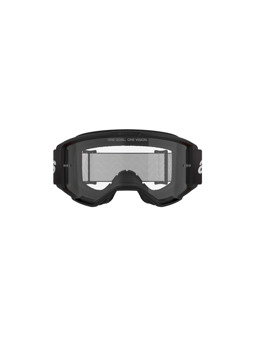 Masque Alpinestars Vision 3 Wordmark, masque de motocross, noir et transparent, vue de face avec écran antibuée transparent, monture A-FLEX, sangle noire avec logo Alpinestars blanc et détail du slogan « ONE GOAL. ONE VISION. ».