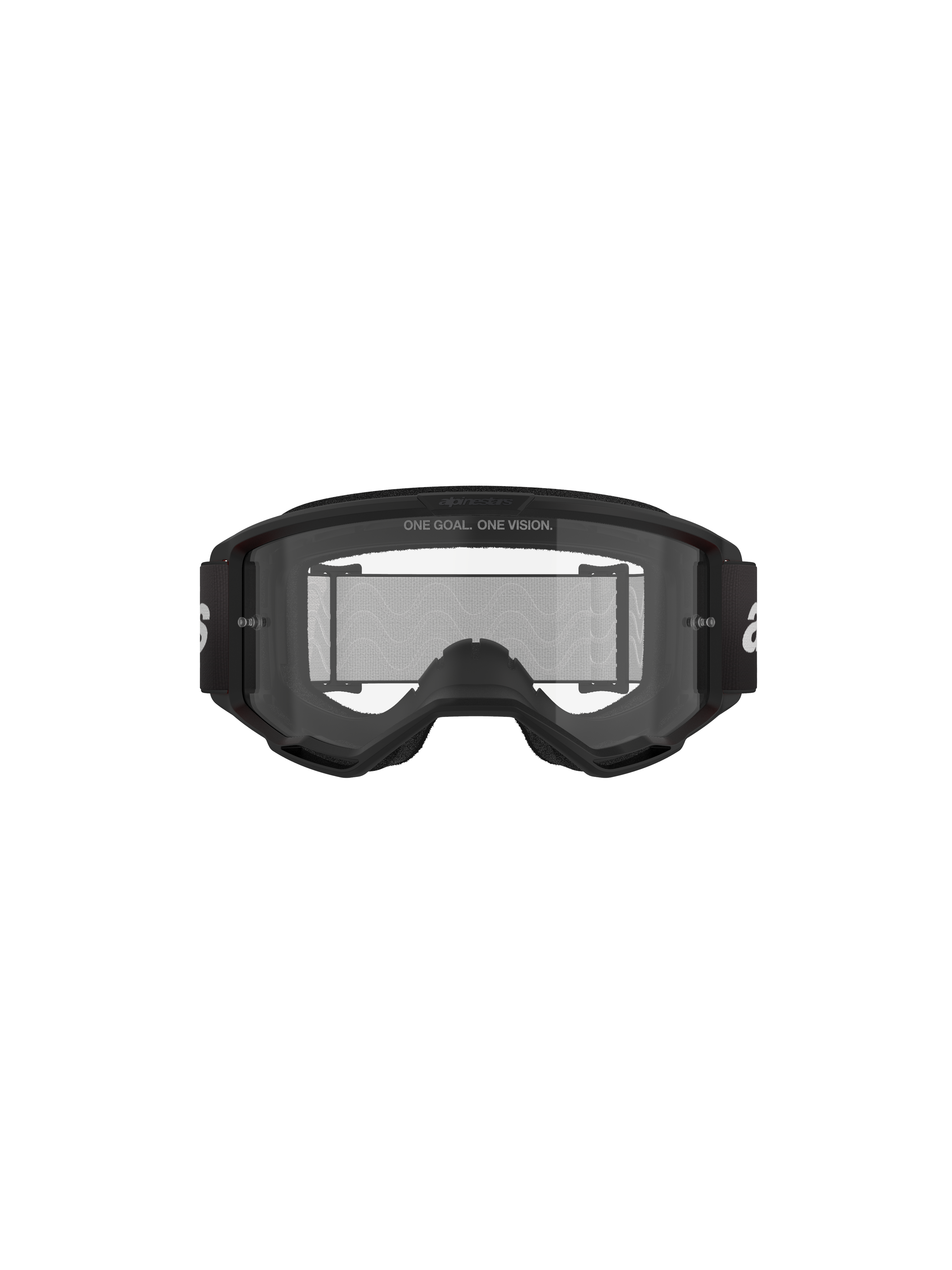 Masque Alpinestars Vision 3 Wordmark, masque de motocross, noir et transparent, vue de face avec écran antibuée transparent, monture A-FLEX, sangle noire avec logo Alpinestars blanc et détail du slogan « ONE GOAL. ONE VISION. ».