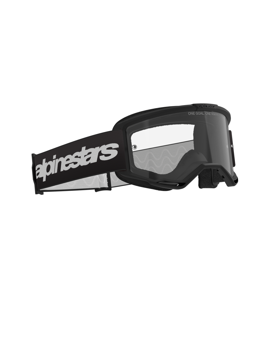 Masque Alpinestars Vision 3 Wordmark, masque de motocross, noir et transparent, doté d'un large bandeau noir avec un logo blanc imposant, écran anti-buée transparent avec l'inscription « ONE GOAL. ONE VISION. », design profilé haute performance pour la course tout-terrain