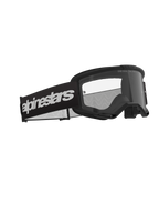 Masque Alpinestars Vision 3 Wordmark, masque de motocross, noir et transparent, doté d'un large bandeau noir avec un logo blanc imposant, écran anti-buée transparent avec l'inscription « ONE GOAL. ONE VISION. », design profilé haute performance pour la course tout-terrain