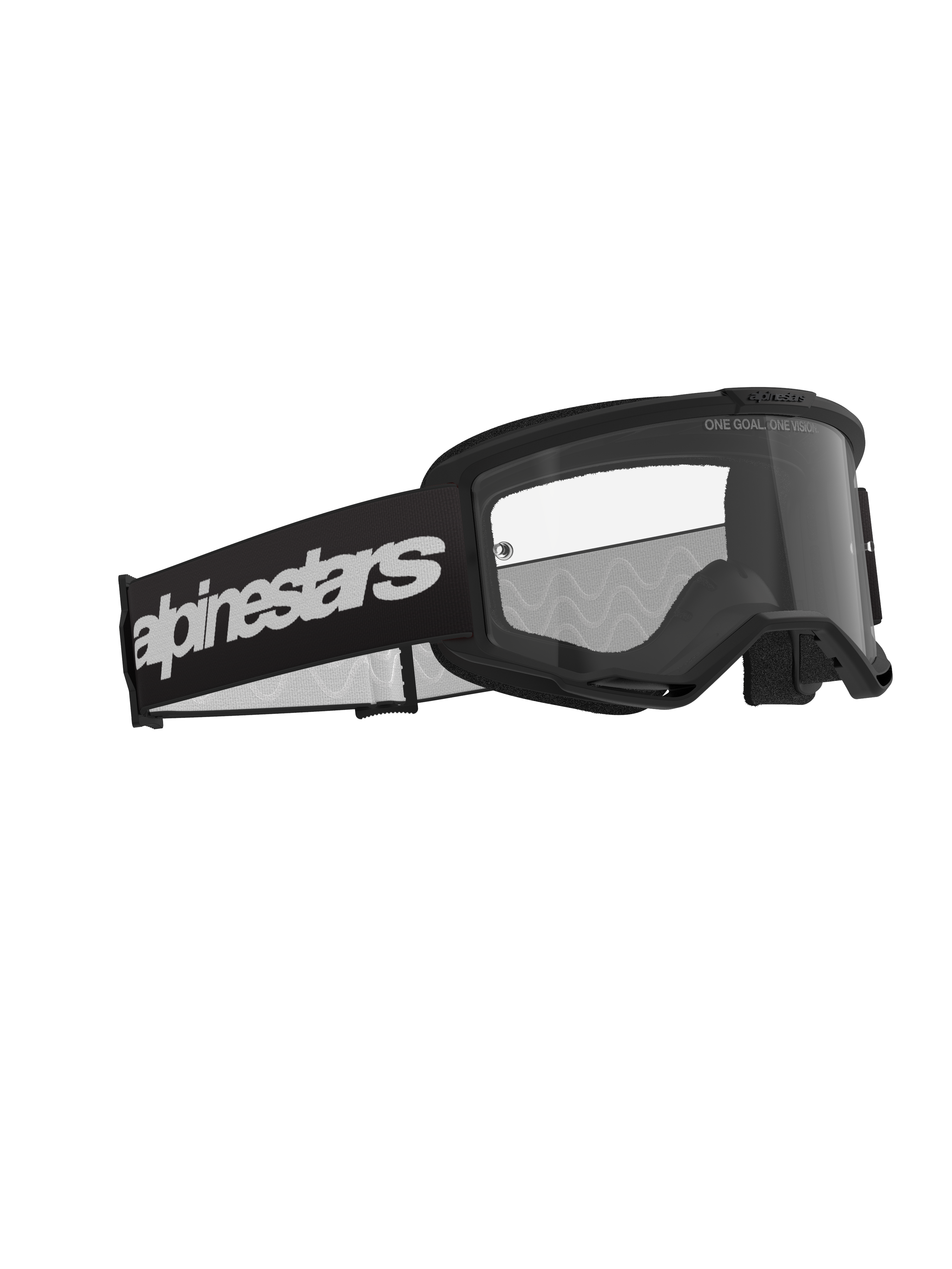 Masque Alpinestars Vision 3 Wordmark, masque de motocross, noir et transparent, doté d'un large bandeau noir avec un logo blanc imposant, écran anti-buée transparent avec l'inscription « ONE GOAL. ONE VISION. », design profilé haute performance pour la course tout-terrain