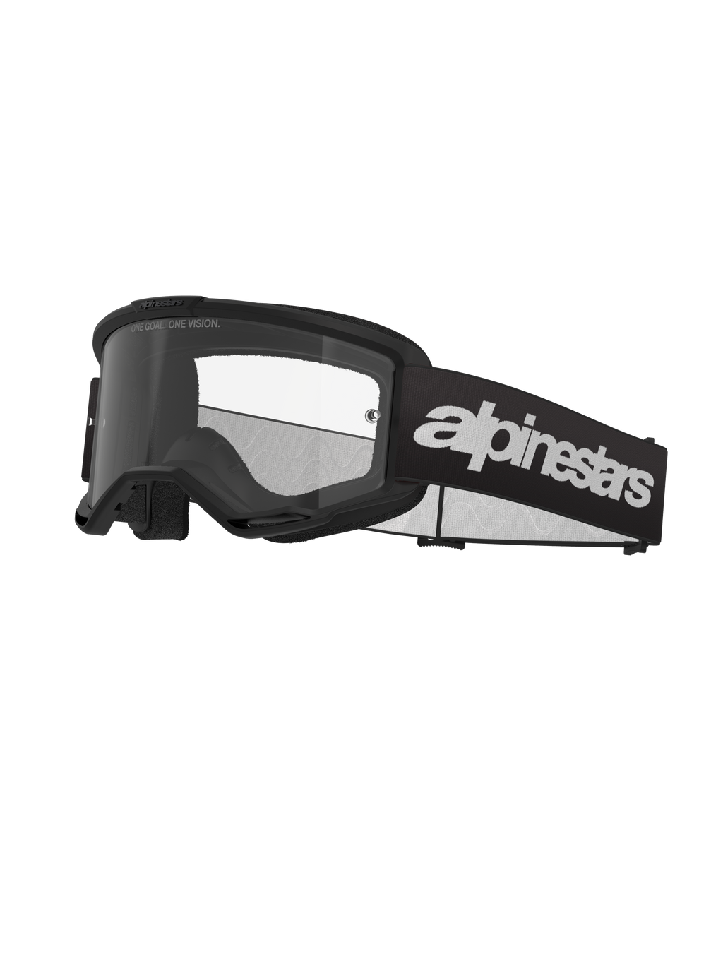 Alpinestars Vision 3 Wordmark Goggles, lunettes de motocross, noir et transparent, avec logo Alpinestars blanc imposant sur la sangle, écran transparent avec l'inscription 'ONE GOAL. ONE VISION.' et monture au design minimaliste épuré
