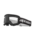 Alpinestars Vision 3 Wordmark Goggles, lunettes de motocross, noir et transparent, avec logo Alpinestars blanc imposant sur la sangle, écran transparent avec l'inscription 'ONE GOAL. ONE VISION.' et monture au design minimaliste épuré