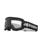 Alpinestars Vision 3 Wordmark Goggles, lunettes de motocross, noir et transparent, avec logo Alpinestars blanc imposant sur la sangle, écran transparent avec l'inscription 'ONE GOAL. ONE VISION.' et monture au design minimaliste épuré
