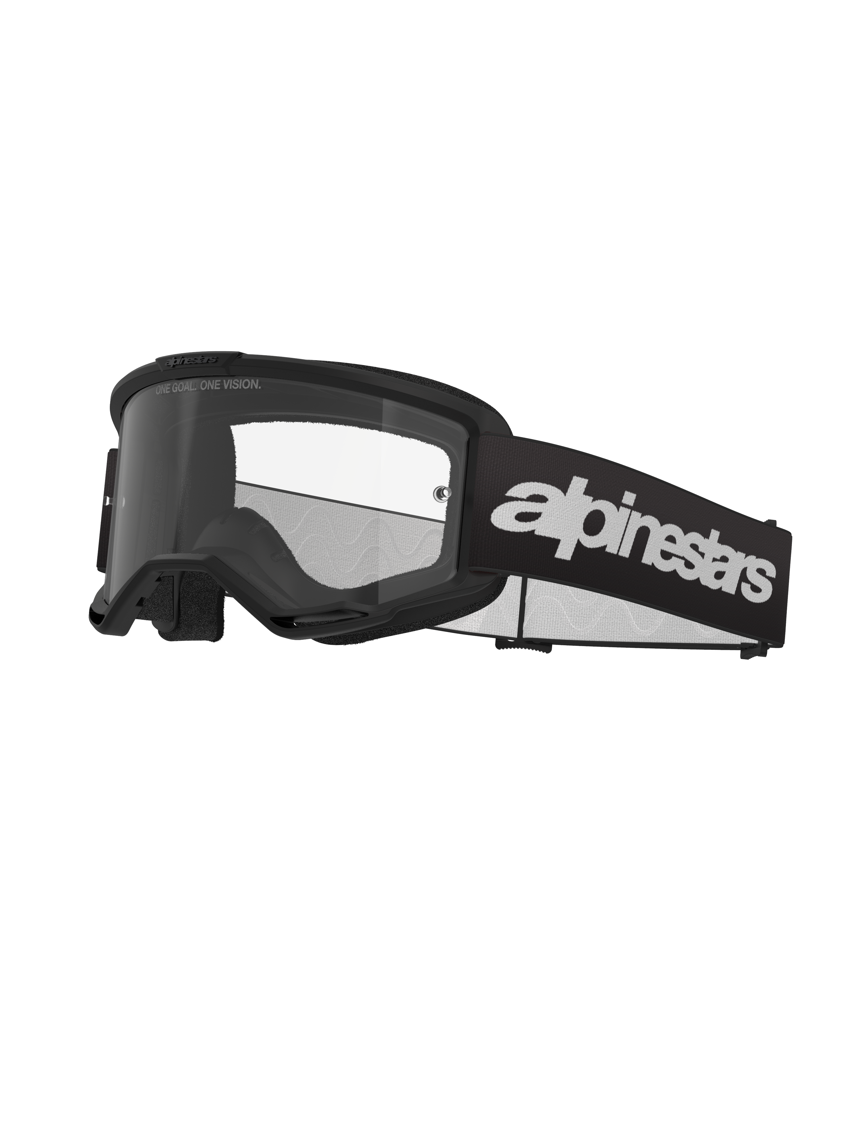 Alpinestars Vision 3 Wordmark Goggles, lunettes de motocross, noir et transparent, avec logo Alpinestars blanc imposant sur la sangle, écran transparent avec l'inscription 'ONE GOAL. ONE VISION.' et monture au design minimaliste épuré