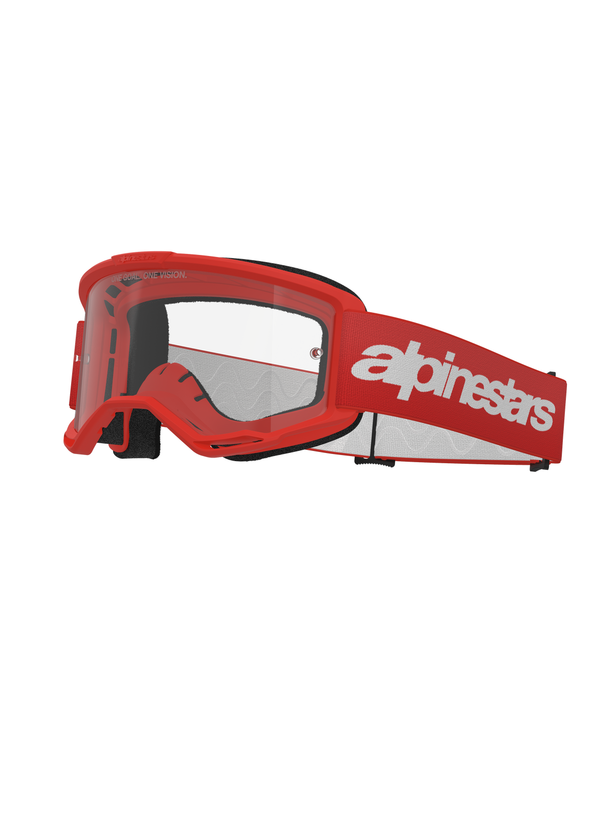 Alpinestars Vision 3 Wordmark Goggles, lunettes de motocross, rouges et blanches, écran transparent, dotées d'une large sangle rouge avec logo blanc, rembourrage en mousse noire et monture A-FLEX ventilée pour la course tout-terrain