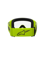 Masque Alpinestars Vision 3 Wordmark, masque de motocross, jaune fluo avec lentille transparente, vue arrière montrant une large sangle jaune avec le logo Alpinestars noir, intérieur en mousse noire, conception durable pour la course tout-terrain