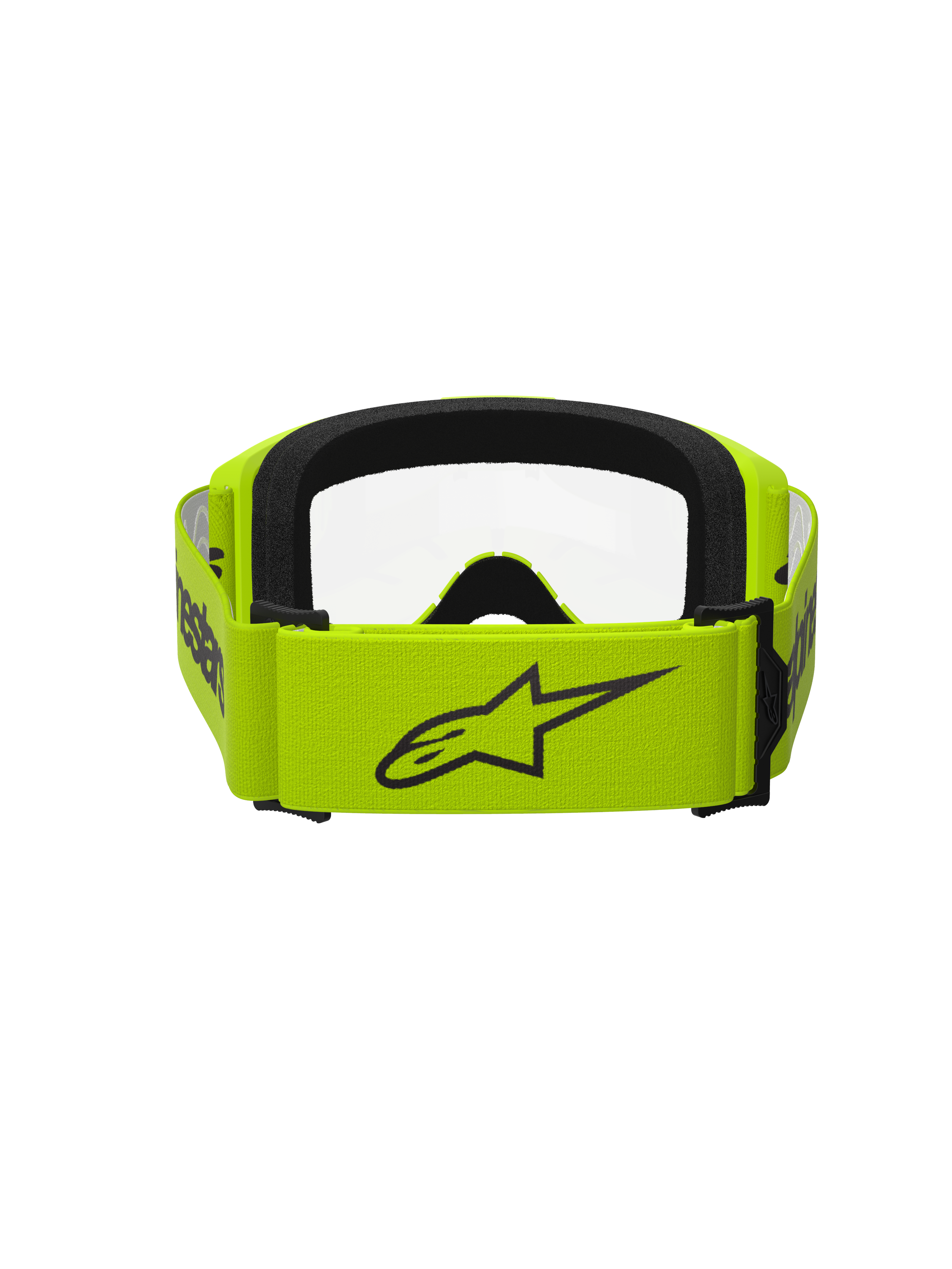 Masque Alpinestars Vision 3 Wordmark, masque de motocross, jaune fluo avec lentille transparente, vue arrière montrant une large sangle jaune avec le logo Alpinestars noir, intérieur en mousse noire, conception durable pour la course tout-terrain
