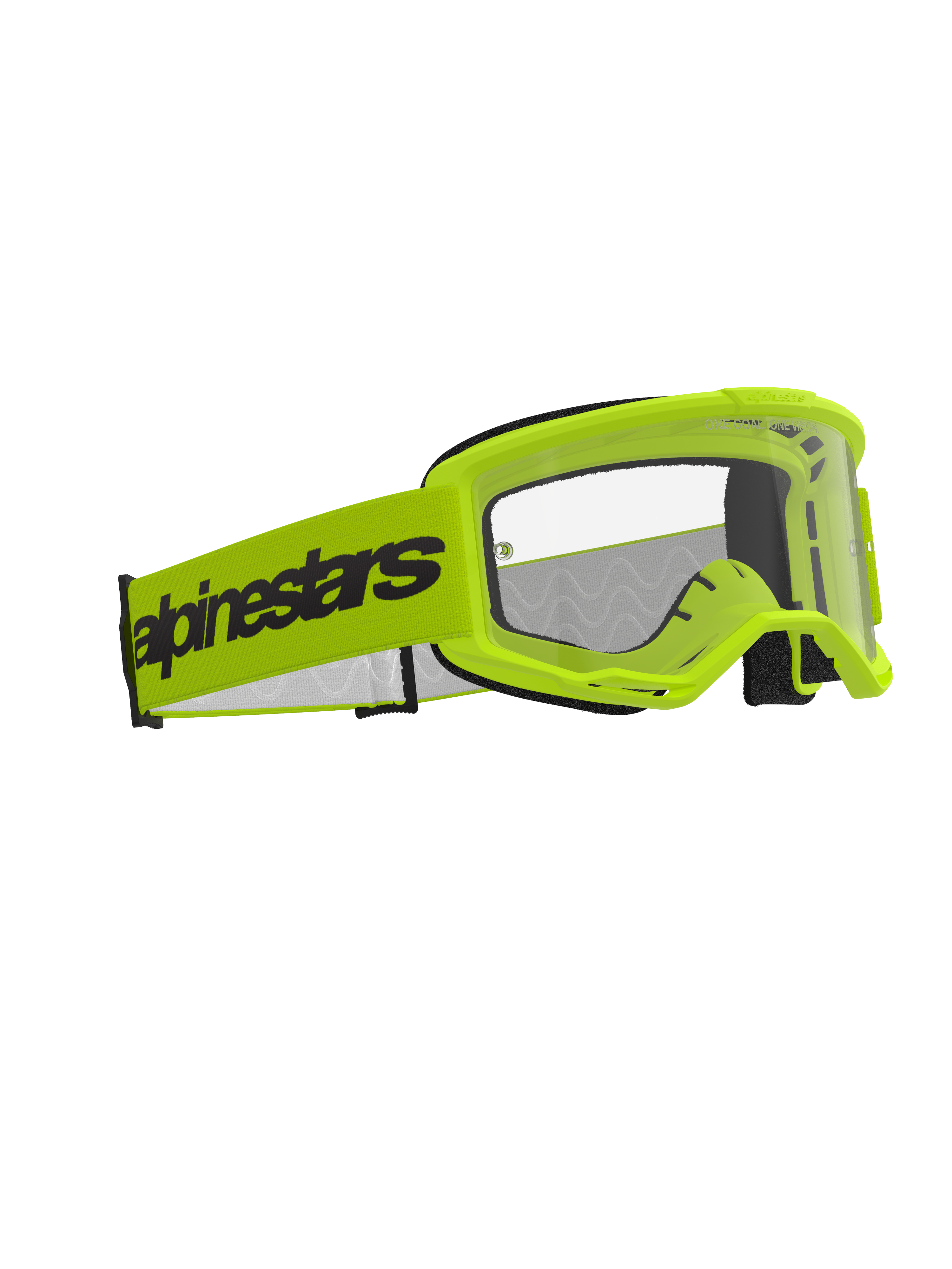 Alpinestars Vision 3 Wordmark Goggles, masque de motocross, jaune fluo avec écran clair, large bandeau jaune fluo arborant le logo Alpinestars noir, monture A-FLEX légère avec ventilation RAM-AIR, protection oculaire haute performance pour le tout-terrain