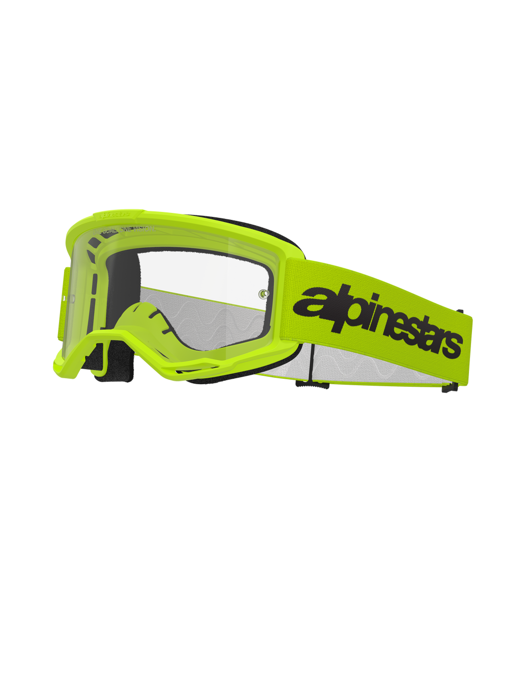 Lunettes Alpinestars Vision 3 Wordmark, lunettes de motocross, jaune fluo et noir, écran transparent, large sangle jaune avec logo lettrage noir, rembourrage en mousse noire, lunettes de course tout-terrain
