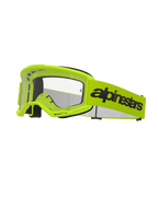 Lunettes Alpinestars Vision 3 Wordmark, lunettes de motocross, jaune fluo et noir, écran transparent, large sangle jaune avec logo lettrage noir, rembourrage en mousse noire, lunettes de course tout-terrain