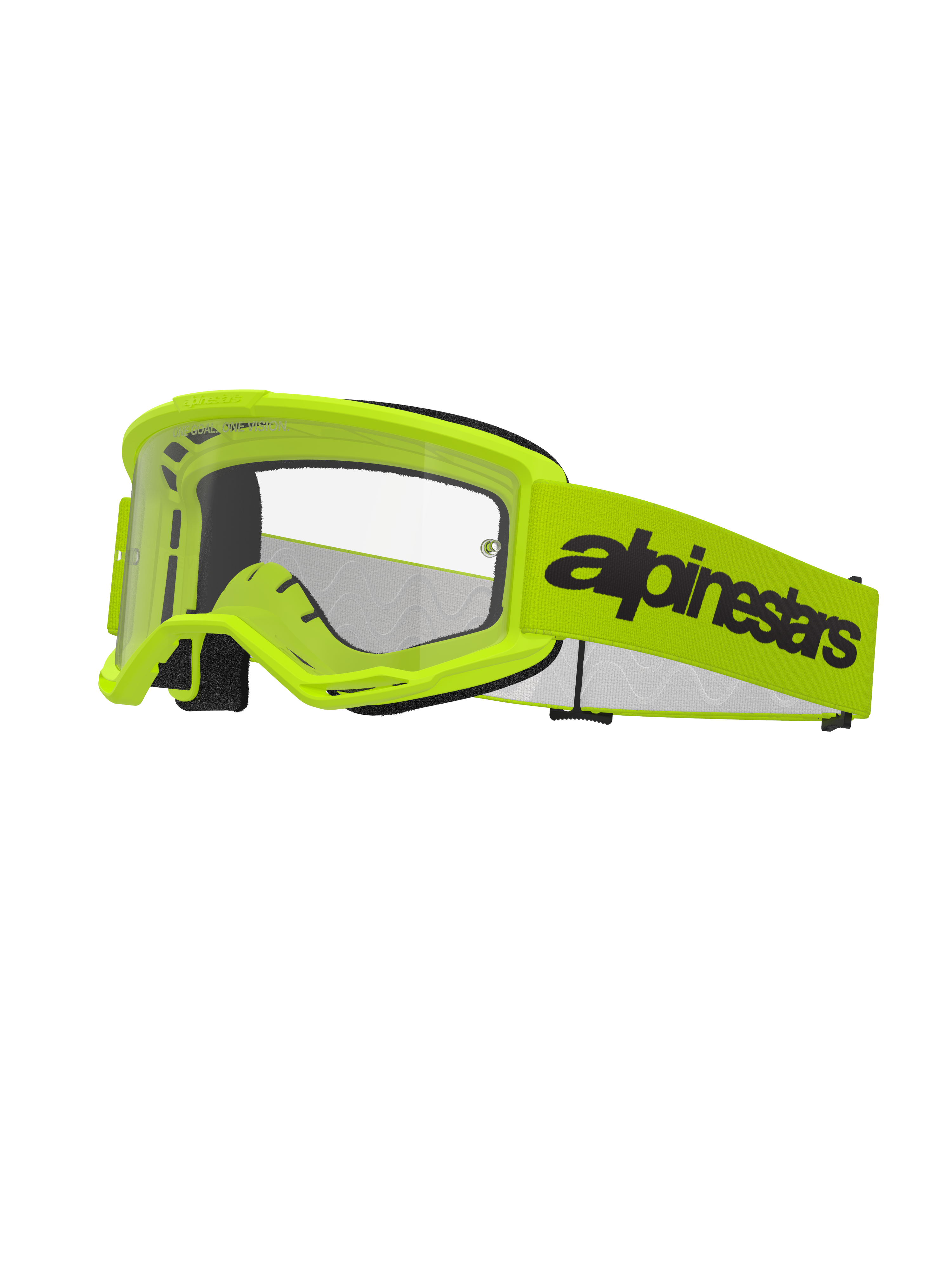 Lunettes Alpinestars Vision 3 Wordmark, lunettes de motocross, jaune fluo et noir, écran transparent, large sangle jaune avec logo lettrage noir, rembourrage en mousse noire, lunettes de course tout-terrain