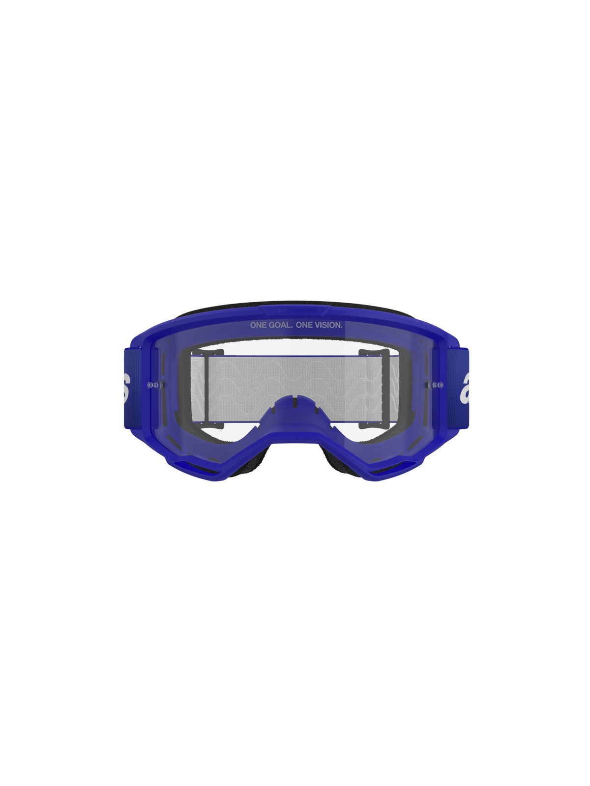 Lunettes Alpinestars Vision 3 Wordmark, lunettes de motocross, Bleu Transparent, vue de face montrant la monture A-FLEX bleue et l'écran anti-buée transparent avec l'inscription « ONE GOAL. ONE VISION. », large bandeau bleu avec logo blanc