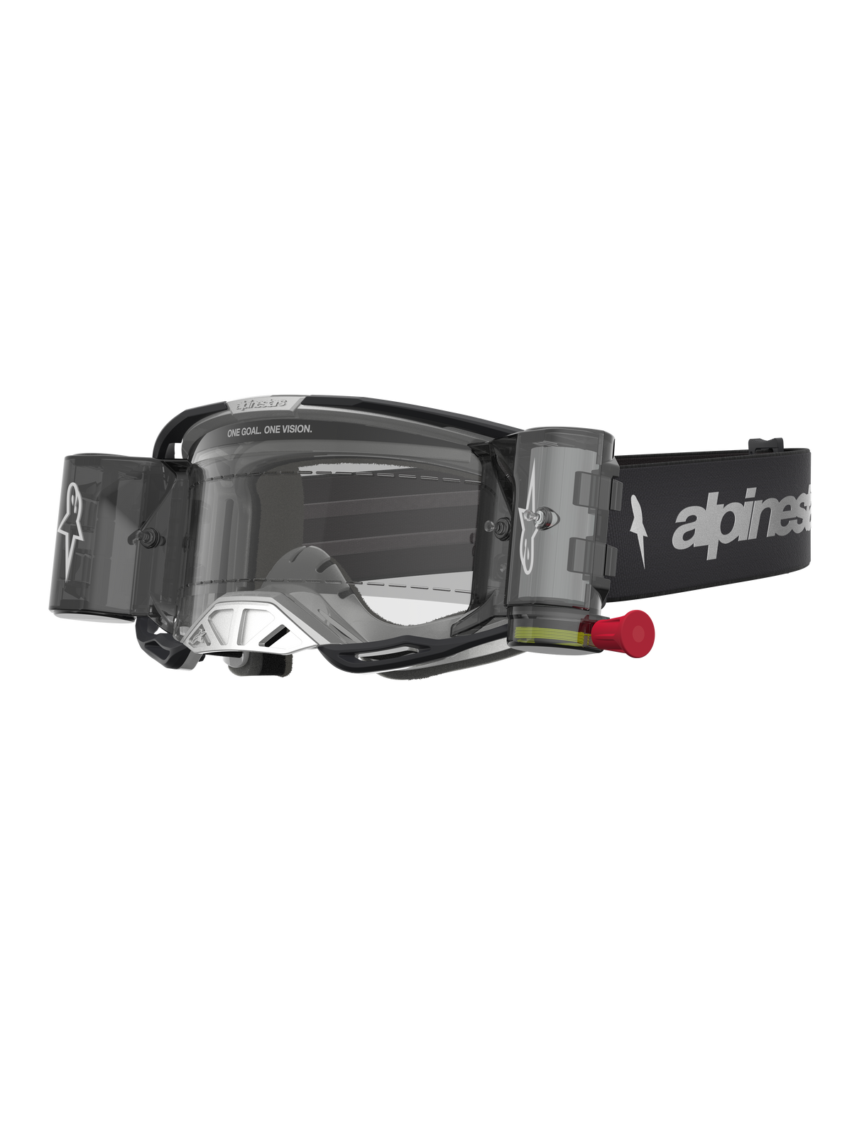 Alpinestars Masque Vision 8 Amber Roll Off, masque de motocross noir et argenté avec système roll-off et lentille claire