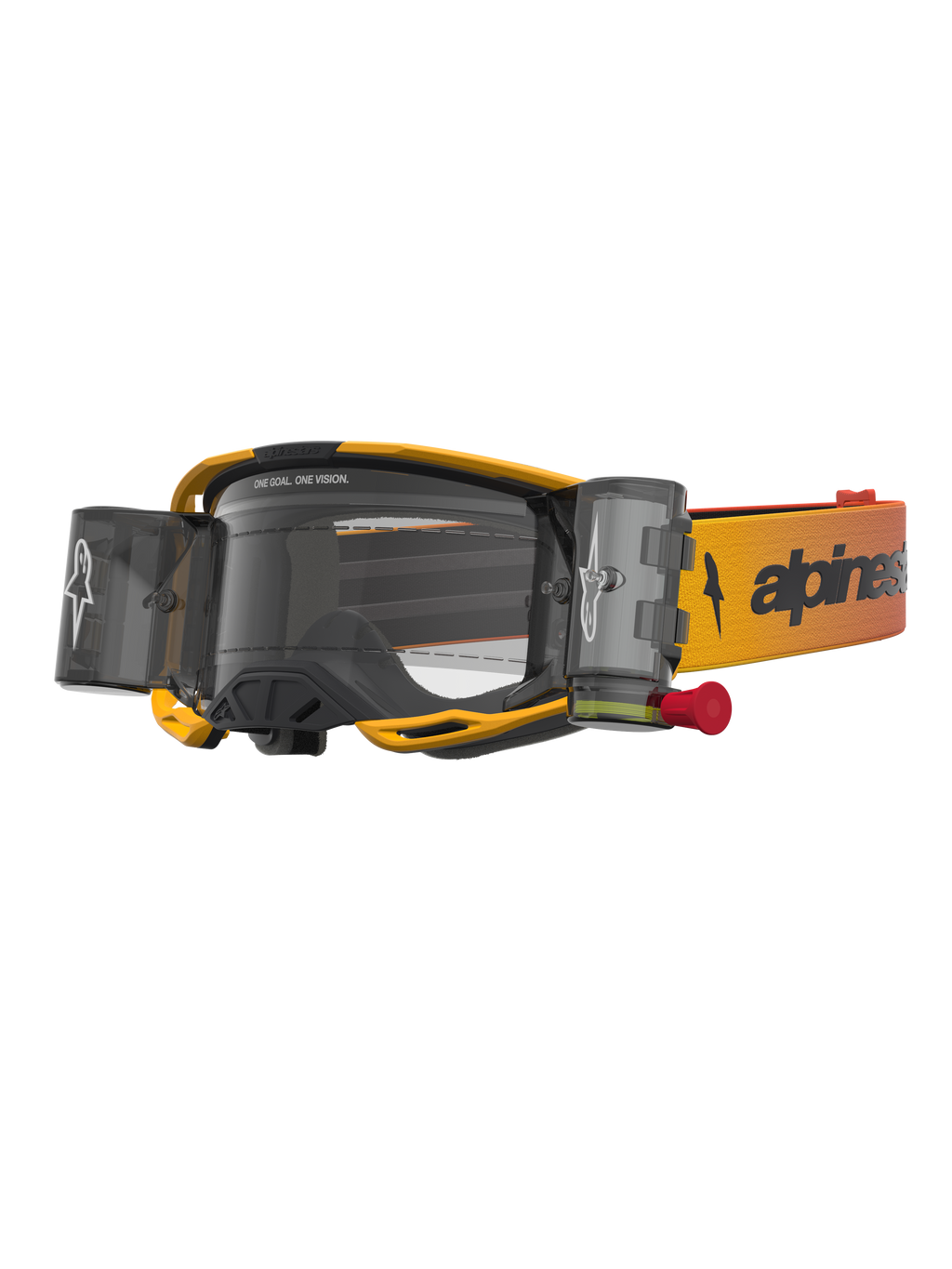 Alpinestars Masque Vision 8 Amber Roll Off, masque de motocross jaune et noir avec système roll-off et lentille transparente.
