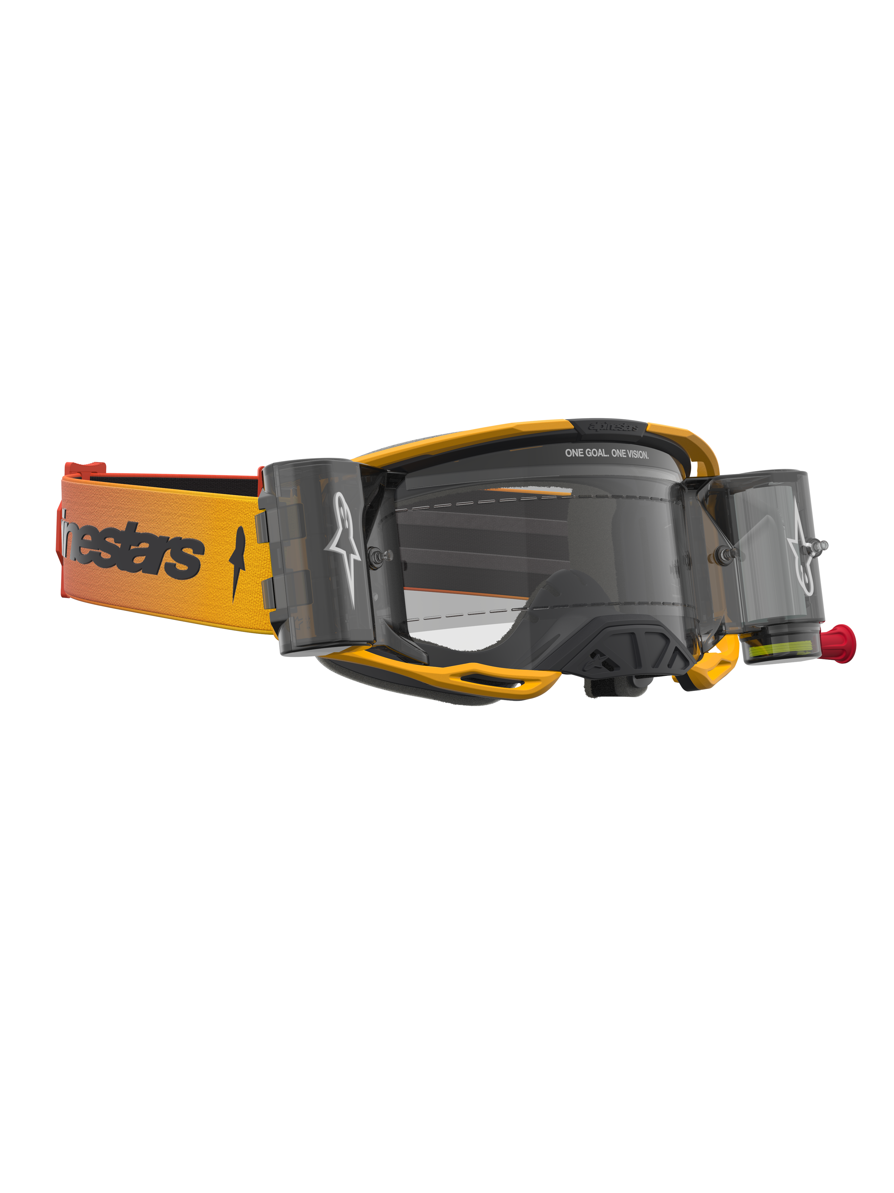 Masque Alpinestars Vision 8 Amber Roll Off, masque de motocross jaune et rouge avec système roll-off et lentille transparente.