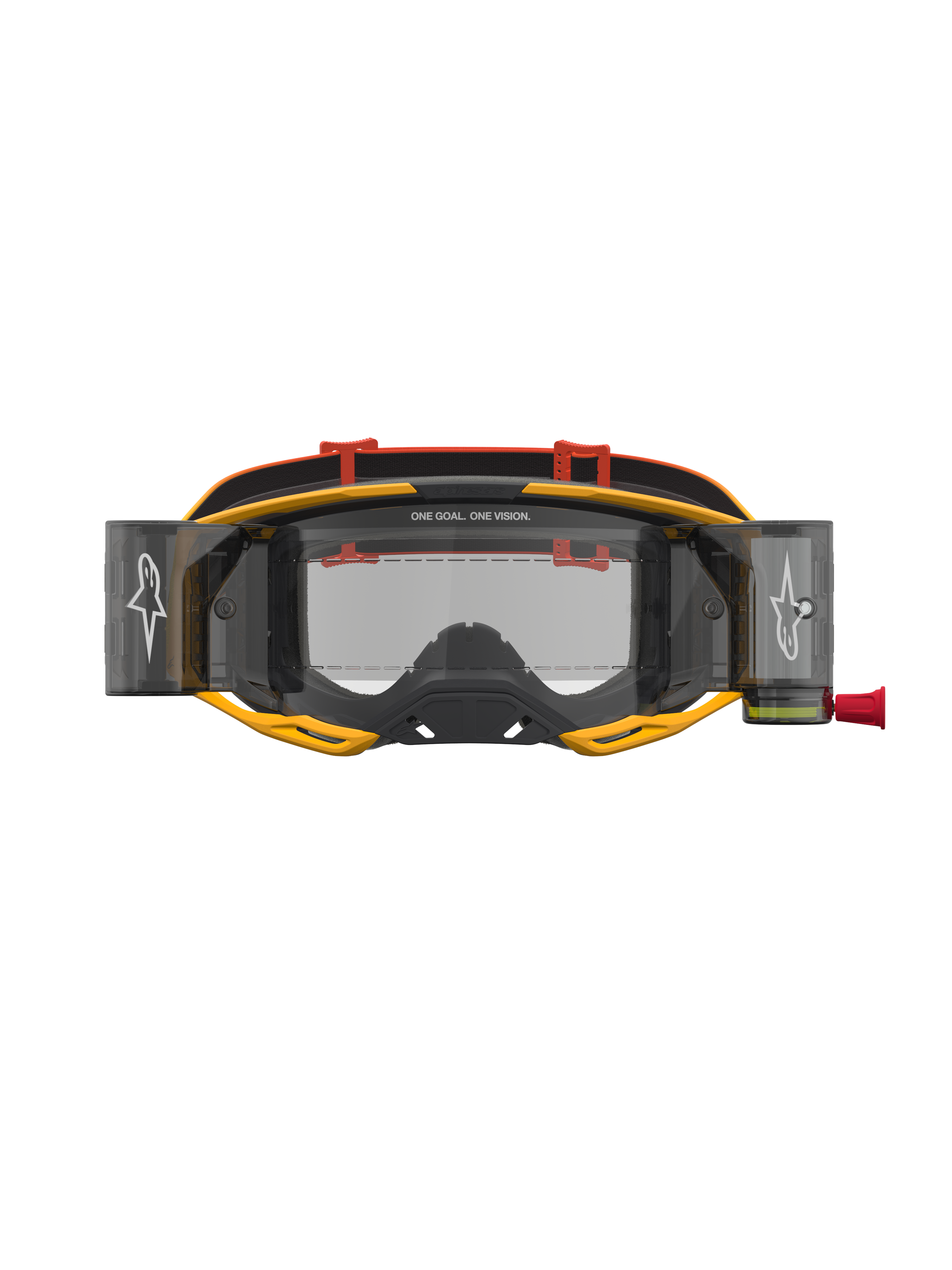 Alpinestars Masque Vision 8 Amber Roll Off, masque de motocross, jaune et rouge, système roll-off et écran transparent.