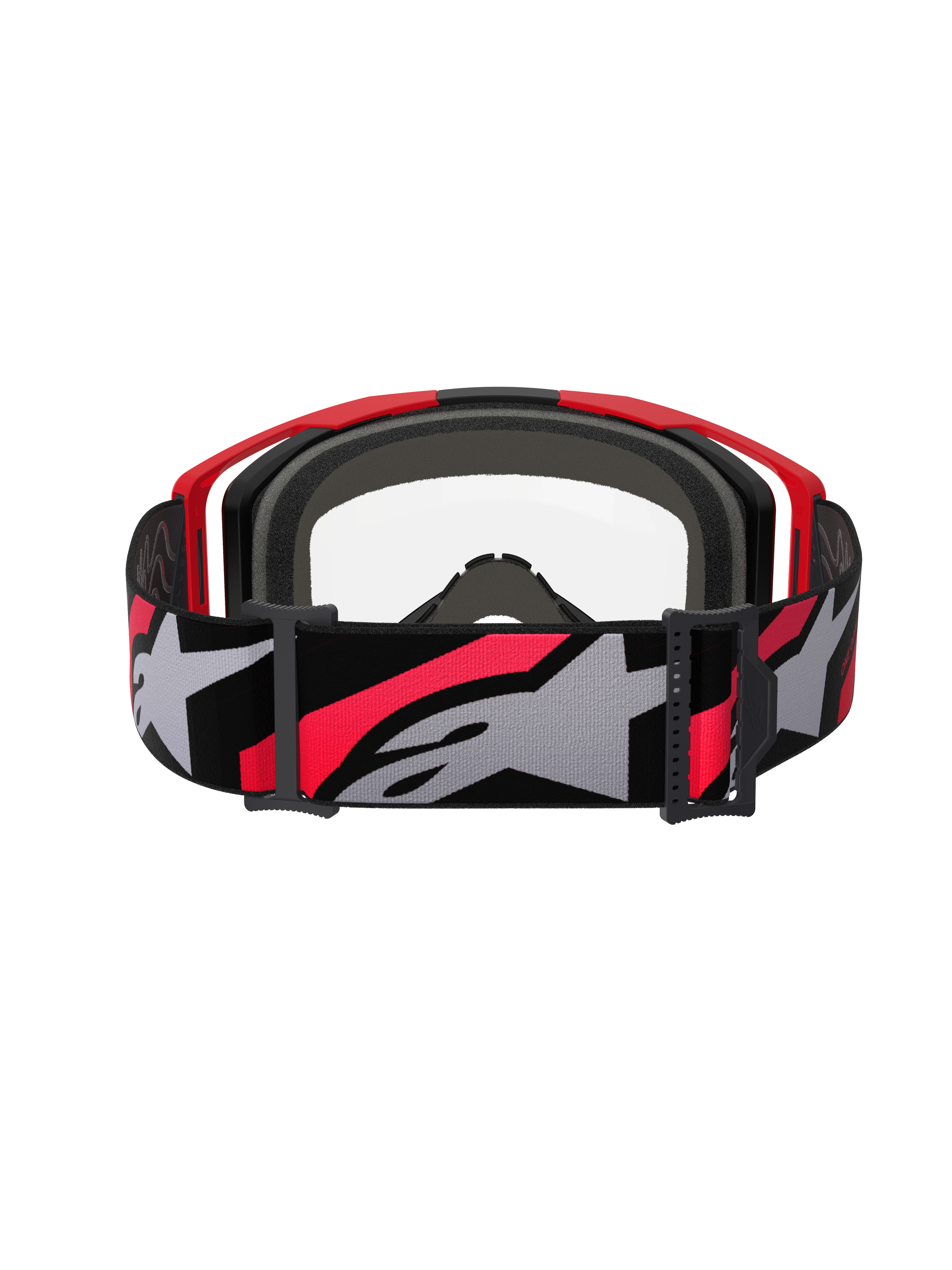 Lunettes Alpinestars Vision 8 Luar, lunettes de motocross, rouge, noir et transparent, vue arrière avec large sangle tissée et logo étoile, mousse faciale multicouche et monture légère A-FLEX