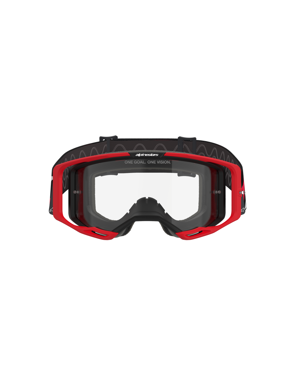 Alpinestars Vision 8 Luar Goggles, lunettes de motocross, rouge, noir et transparent, avec une monture A-FLEX rouge, un écran en polycarbonate transparent antibuée et un bandeau tissé réglable noir avec logo, protection oculaire haute performance pour le tout-terrain