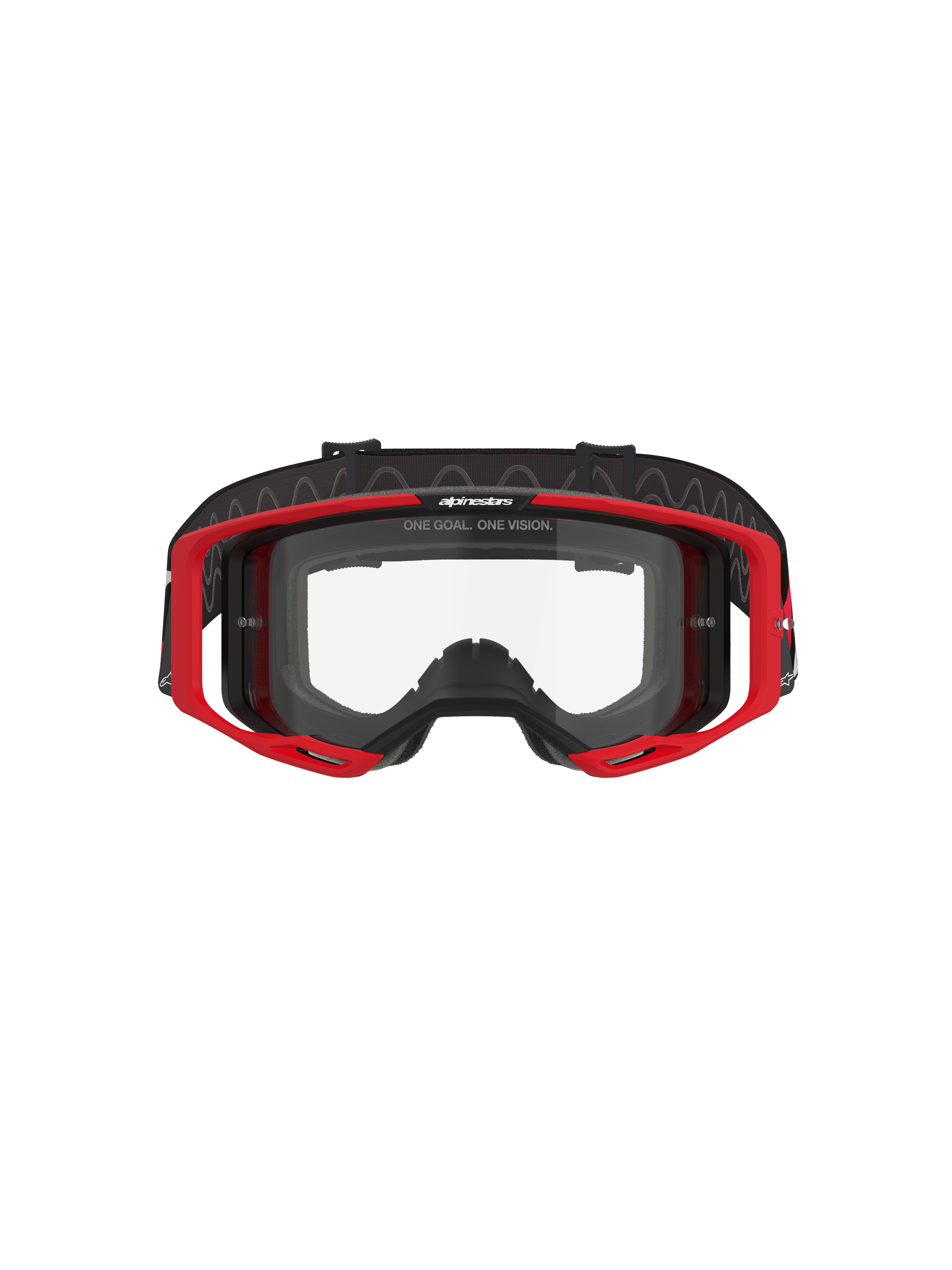 Alpinestars Vision 8 Luar Goggles, lunettes de motocross, rouge, noir et transparent, avec une monture A-FLEX rouge, un écran en polycarbonate transparent antibuée et un bandeau tissé réglable noir avec logo, protection oculaire haute performance pour le tout-terrain
