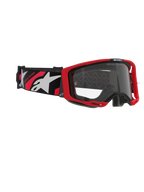 Masque Alpinestars Vision 8 Luar, masque de motocross, rouge, noir et transparent, avec une monture rouge, un écran transparent antibuée et un bandeau noir avec des logos blancs et rouges, protection oculaire professionnelle pour la course tout-terrain