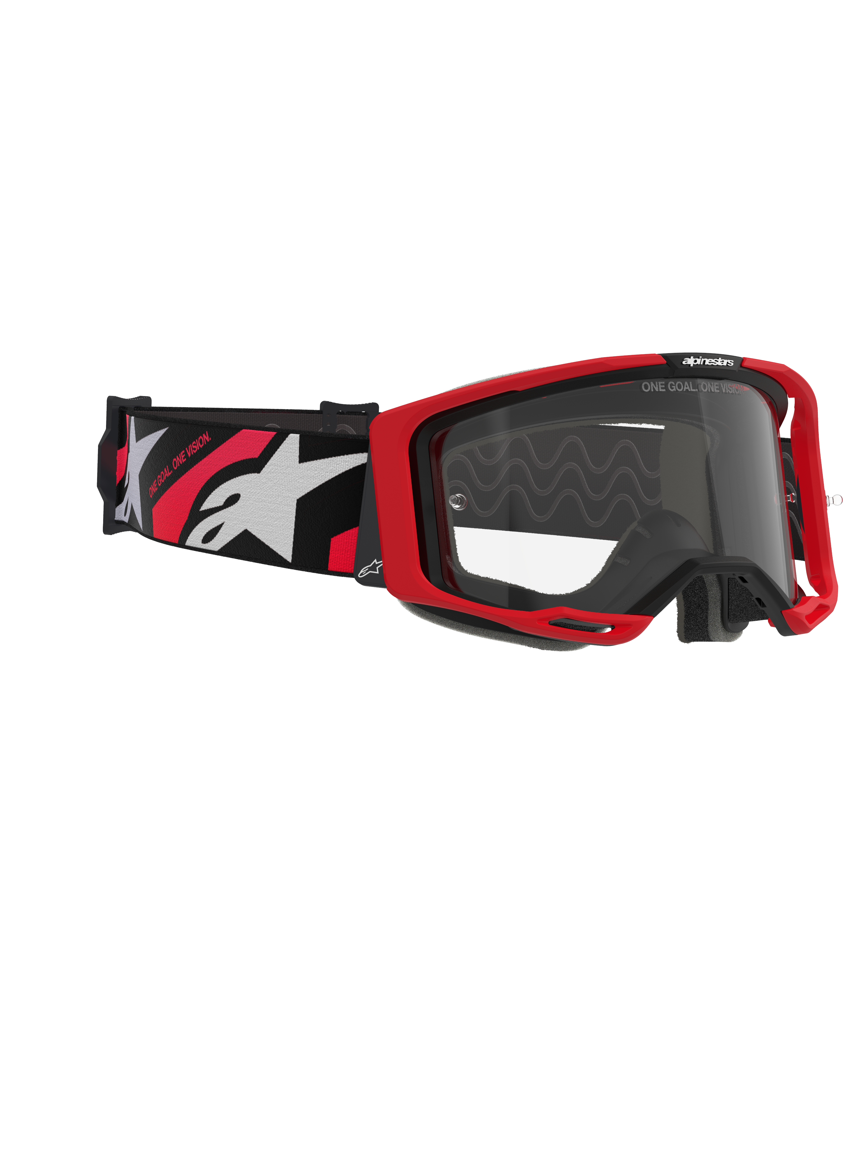 Masque Alpinestars Vision 8 Luar, masque de motocross, rouge, noir et transparent, avec une monture rouge, un écran transparent antibuée et un bandeau noir avec des logos blancs et rouges, protection oculaire professionnelle pour la course tout-terrain