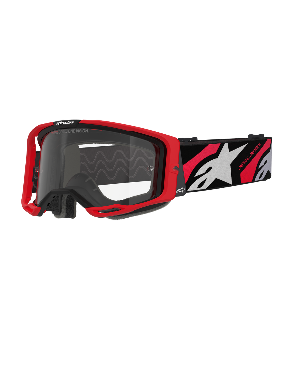 Masque de motocross Alpinestars Vision 8 Luar, rouge et noir avec écran clair, doté d'une monture A-FLEX rouge, d'un écran clair antibuée et d'un bandeau tissé noir avec des graphismes rouges et blancs et le logo Alpinestars.