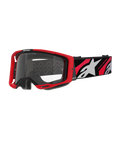 Masque de motocross Alpinestars Vision 8 Luar, rouge et noir avec écran clair, doté d'une monture A-FLEX rouge, d'un écran clair antibuée et d'un bandeau tissé noir avec des graphismes rouges et blancs et le logo Alpinestars.