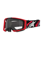 Masque de motocross Alpinestars Vision 8 Luar, rouge et noir avec écran clair, doté d'une monture A-FLEX rouge, d'un écran clair antibuée et d'un bandeau tissé noir avec des graphismes rouges et blancs et le logo Alpinestars.