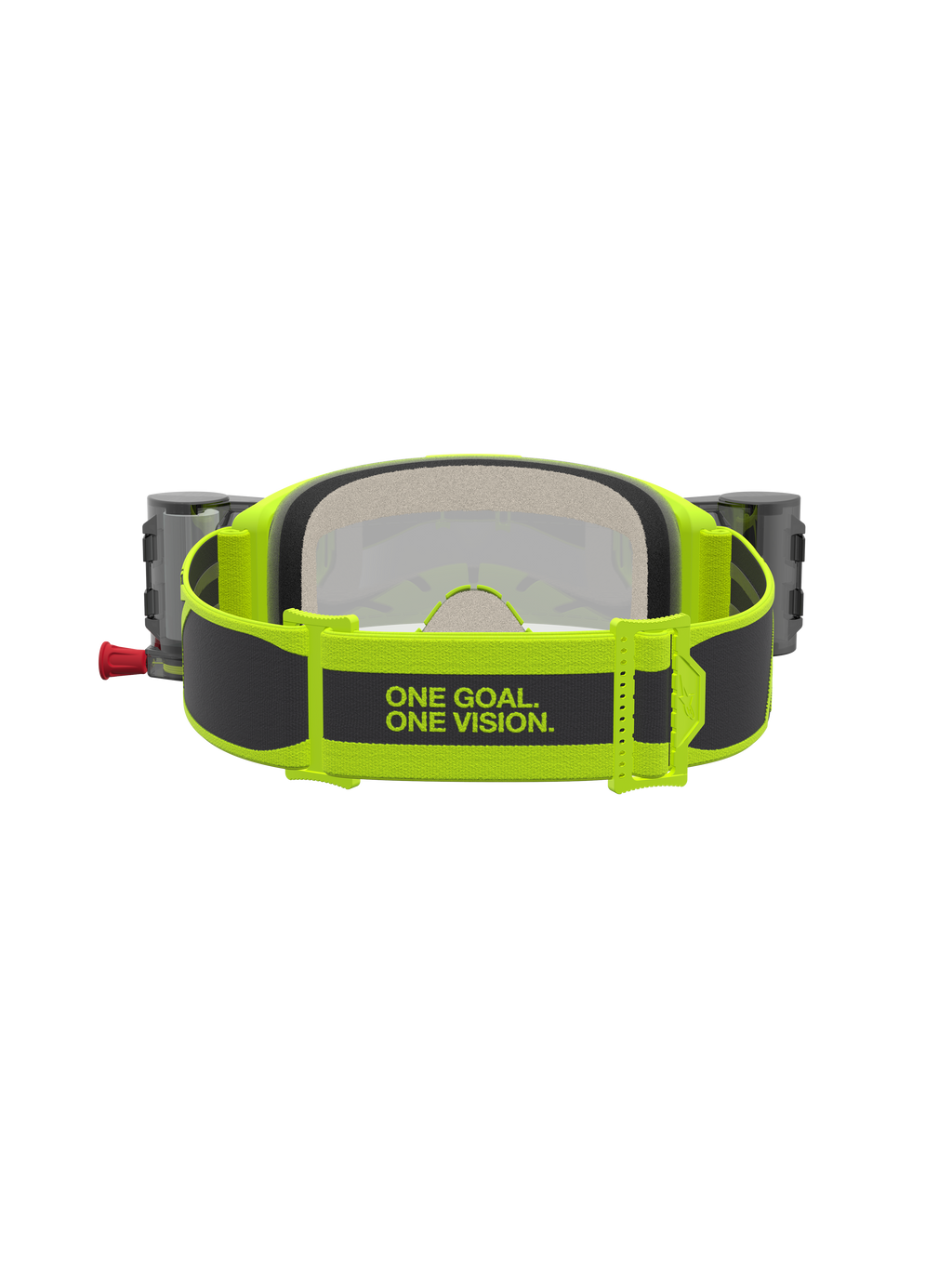 Alpinestars Vision 5 Rora Roll Off Goggles, Motocross Goggles, Yellow Fluo and Black, featuring the rear strap with brand slogan and integrated roll-off canisters.