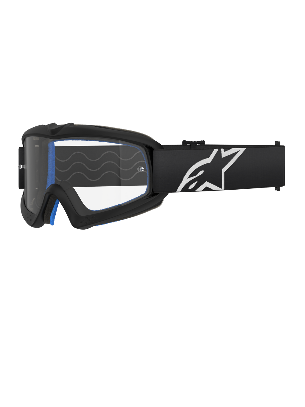Alpinestars Vision Youth Corp, lunettes de motocross pour jeunes, noir avec rembourrage bleu, écran transparent avec motif ondulé, sangle noire avec logo étoile blanc, design moderne et épuré