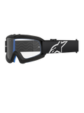 Alpinestars Vision Youth Corp, lunettes de motocross pour jeunes, noir avec rembourrage bleu, écran transparent avec motif ondulé, sangle noire avec logo étoile blanc, design moderne et épuré