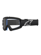 Alpinestars Vision Youth Corp, lunettes de motocross pour jeunes, noir avec rembourrage bleu, écran transparent avec motif ondulé, sangle noire avec logo étoile blanc, design moderne et épuré