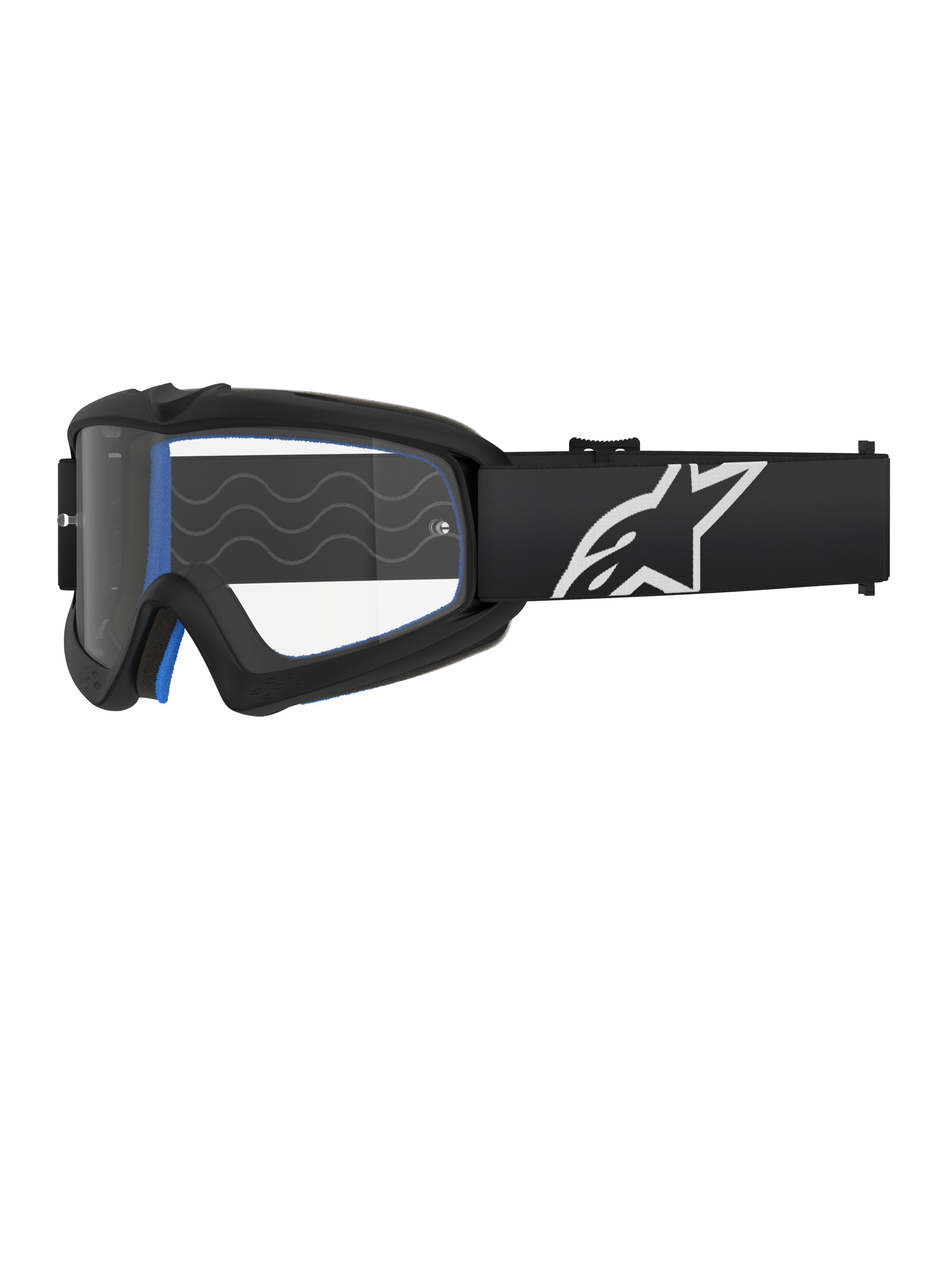 Alpinestars Vision Youth Corp, lunettes de motocross pour jeunes, noir avec rembourrage bleu, écran transparent avec motif ondulé, sangle noire avec logo étoile blanc, design moderne et épuré