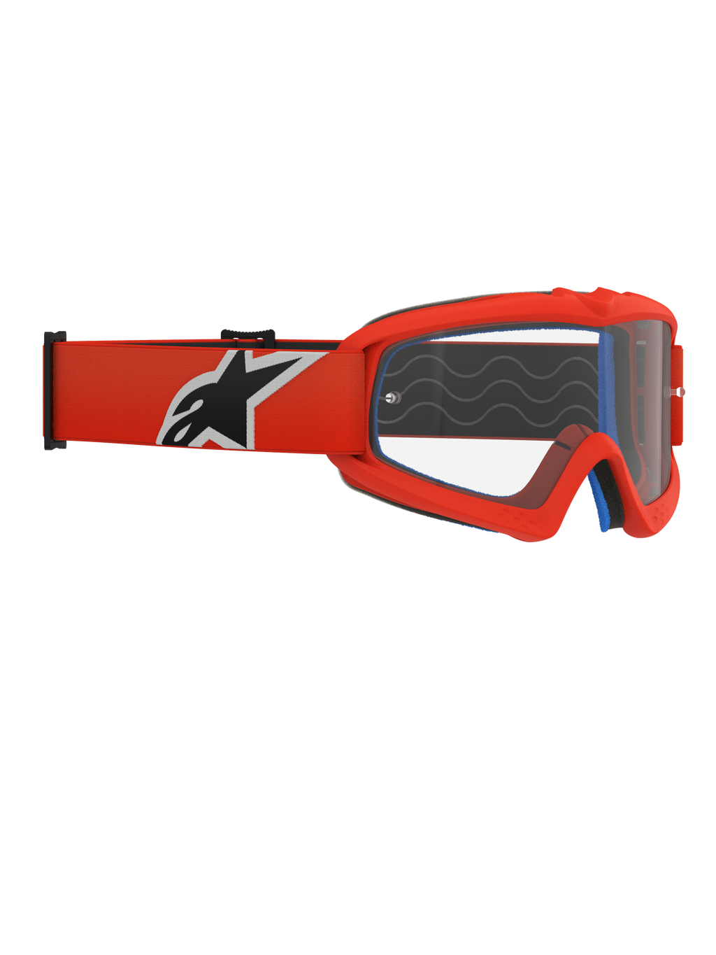 Alpinestars Vision Youth Corp Goggles, Youth Motocross Goggles, Orange frame and Clear lens, orange strap with bold black and white Alpinestars logo, visible blue face foam, silicone grip waves, polycarbonate anti-fog lens for off-road racing