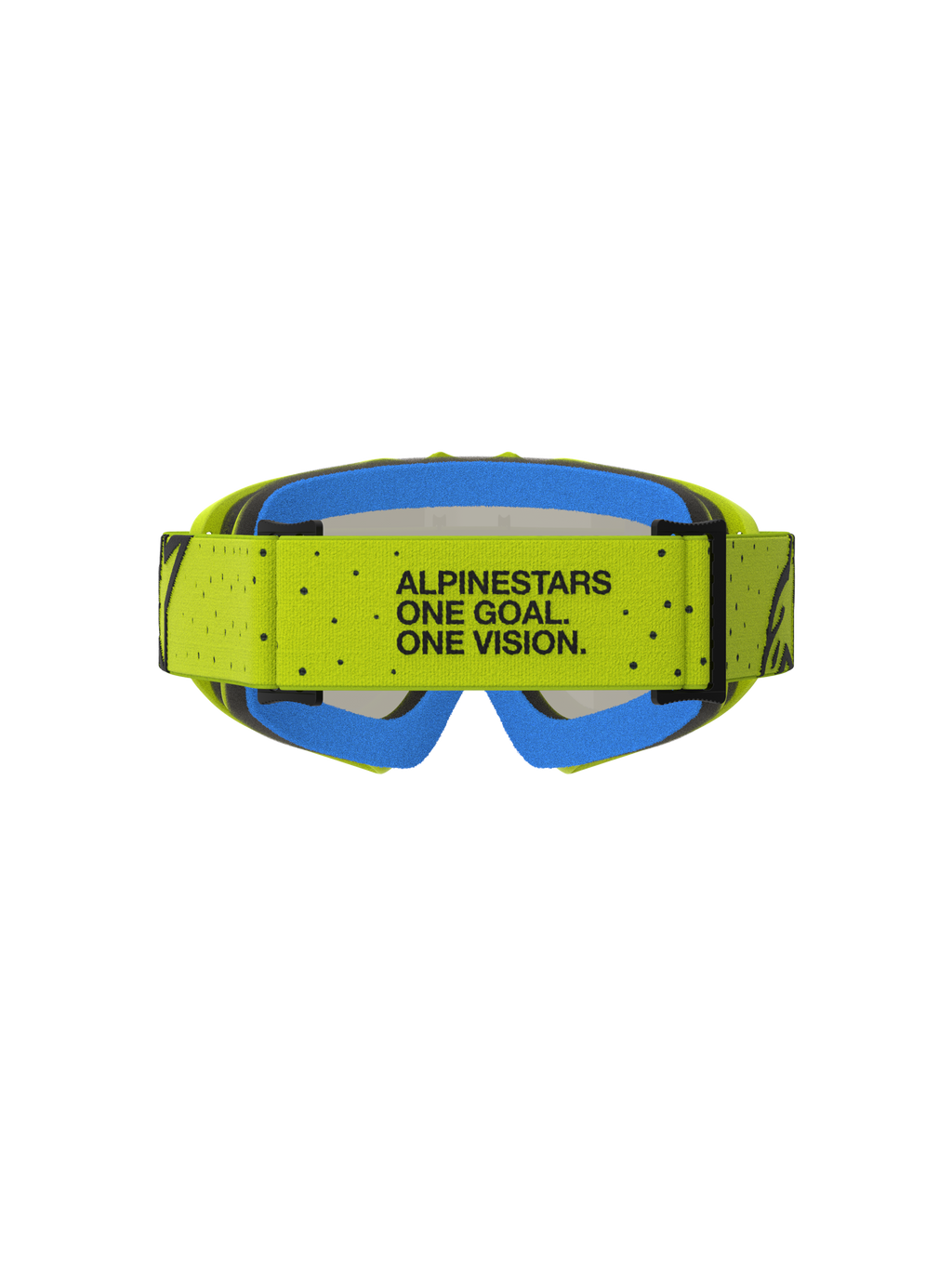 Masque Alpinestars Vision Vesta Junior, masque motocross jaune fluo et bleu, sangle avec devise One Goal. One Vision.