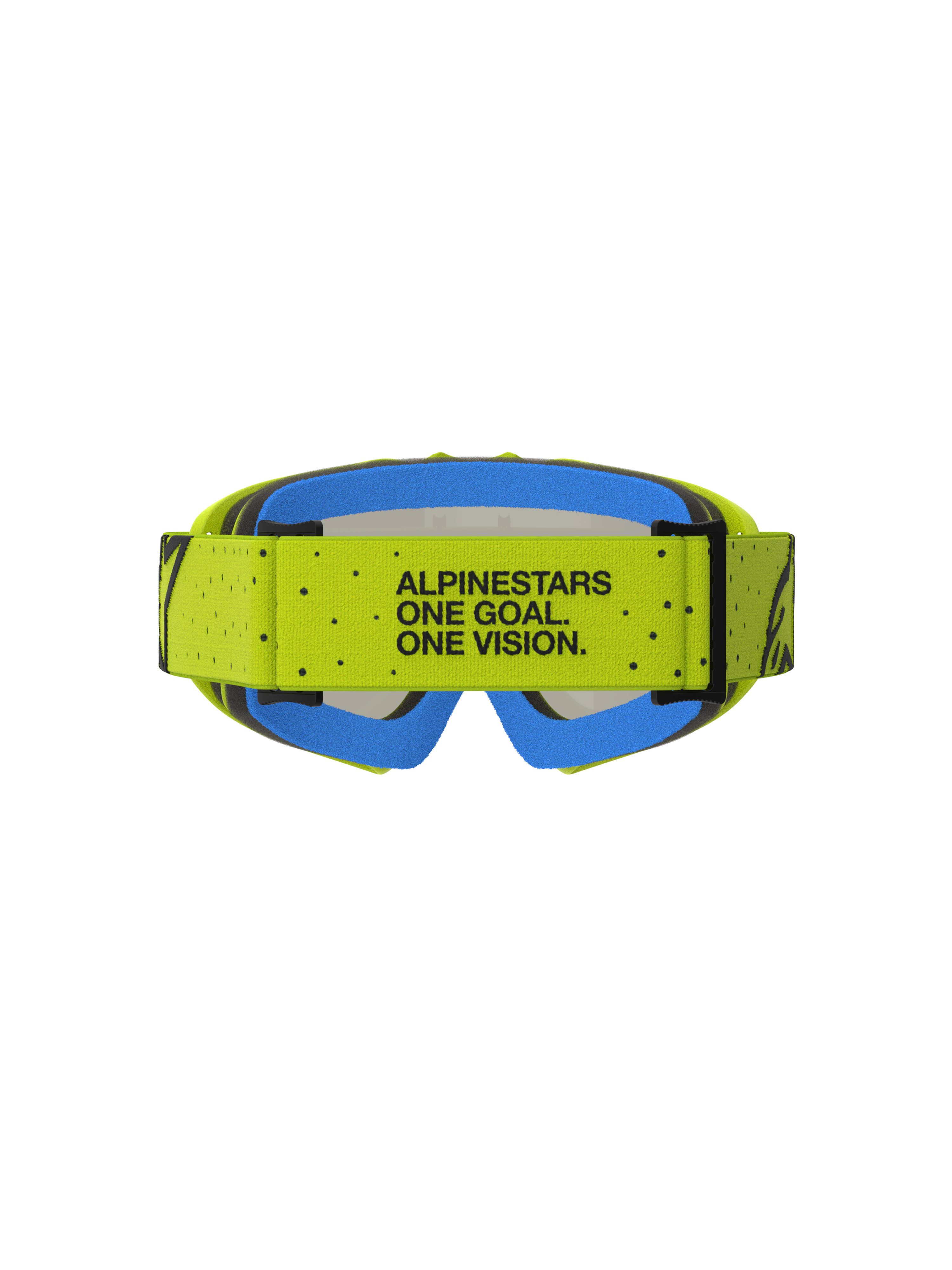 Masque Alpinestars Vision Vesta Junior, masque motocross jaune fluo et bleu, sangle avec devise One Goal. One Vision.