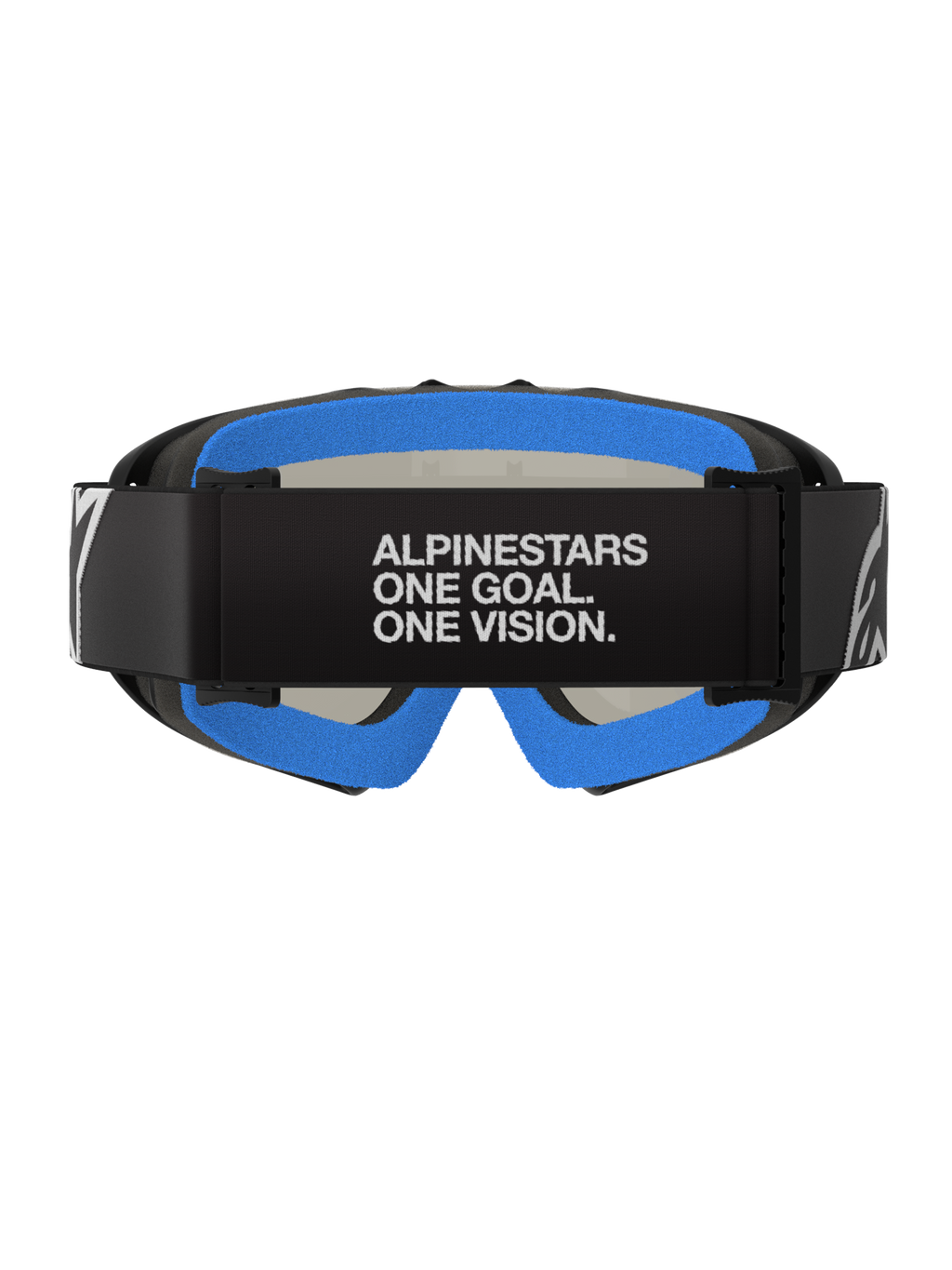 Lunettes Alpinestars Vision Youth Corp, Noir Miroir Argenté, lunettes de motocross, vue arrière présentant un bandeau noir avec le texte blanc « ALPINESTARS ONE GOAL. ONE VISION. », une mousse faciale moelleuse bleu vif et une monture A-FLEX noire.