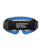 Lunettes Alpinestars Vision Youth Corp, Noir Miroir Argenté, lunettes de motocross, vue arrière présentant un bandeau noir avec le texte blanc « ALPINESTARS ONE GOAL. ONE VISION. », une mousse faciale moelleuse bleu vif et une monture A-FLEX noire.