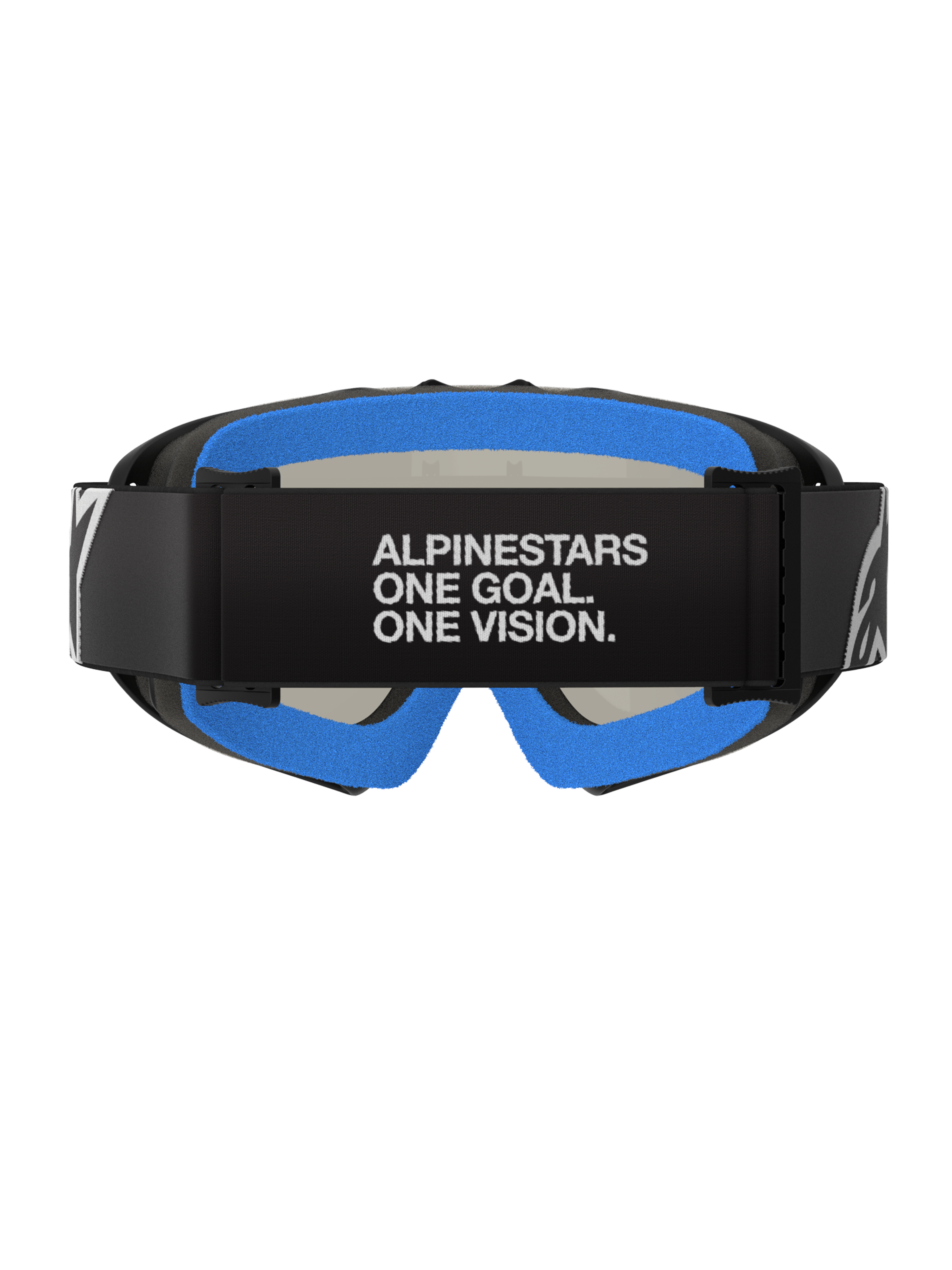Lunettes Alpinestars Vision Youth Corp, Noir Miroir Argenté, lunettes de motocross, vue arrière présentant un bandeau noir avec le texte blanc « ALPINESTARS ONE GOAL. ONE VISION. », une mousse faciale moelleuse bleu vif et une monture A-FLEX noire.