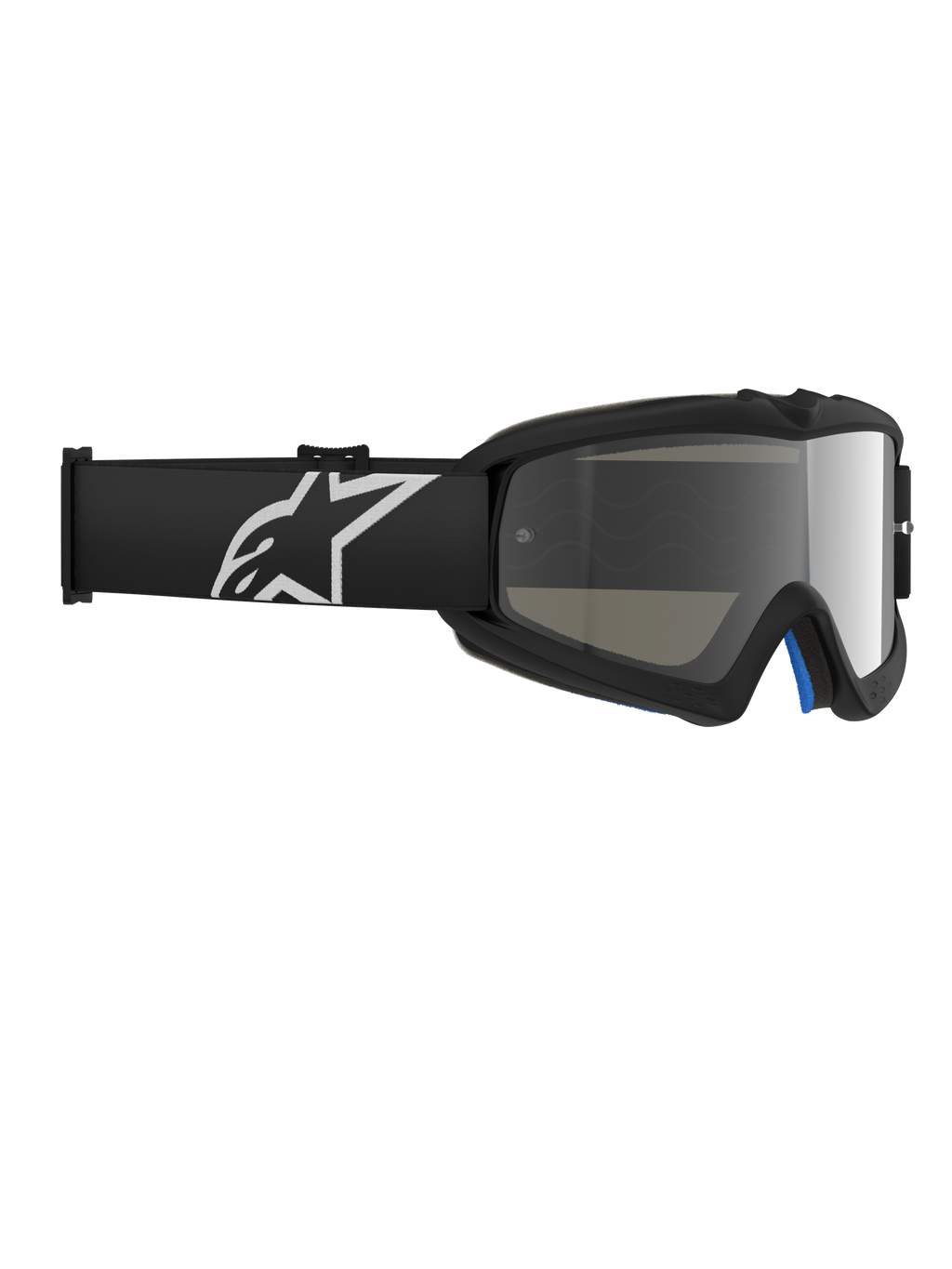 Lunettes Alpinestars Vision Youth Corp, lunettes de motocross, Noir Miroir Argent, avec une lentille en polycarbonate miroir et un bandeau noir avec un logo Alpinestars blanc, conçues pour les jeunes pilotes